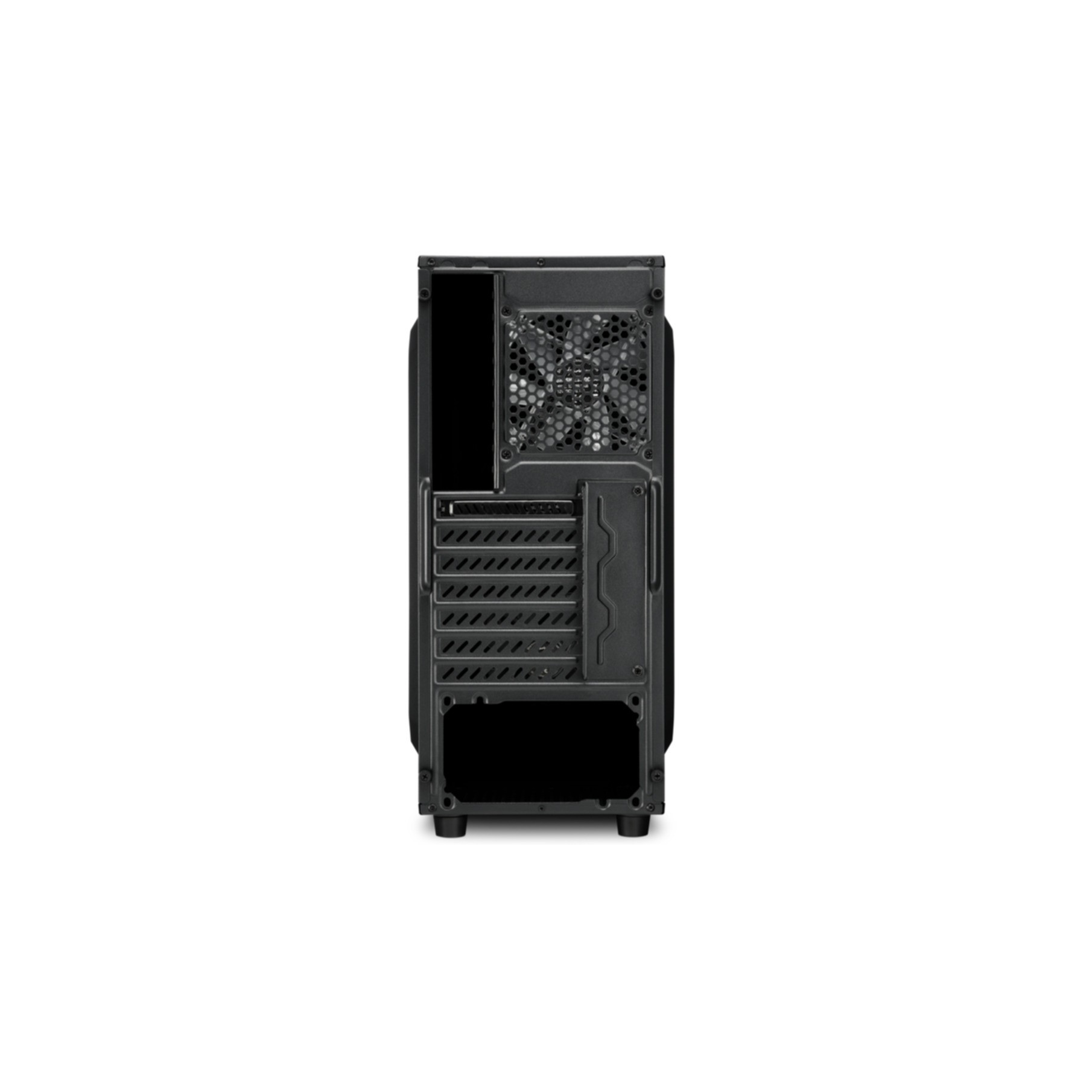 Schwarzes Computergehäuse hinten. Lüfter sichtbar. Belüftungsöffnungen und Anschlüsse.