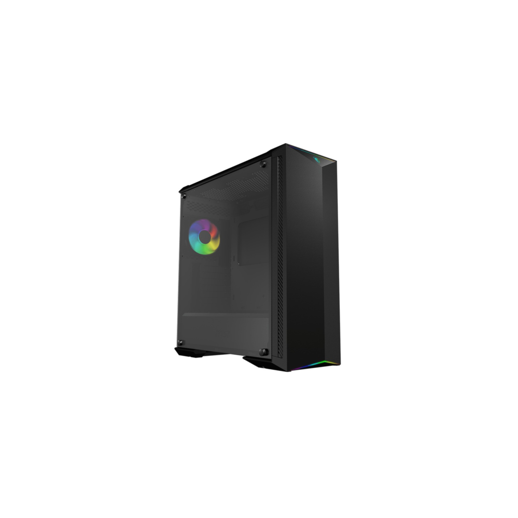 Czarna obudowa PC ze szklanym panelem bocznym. Wentylator podświetlany tęczą. Białe tło.