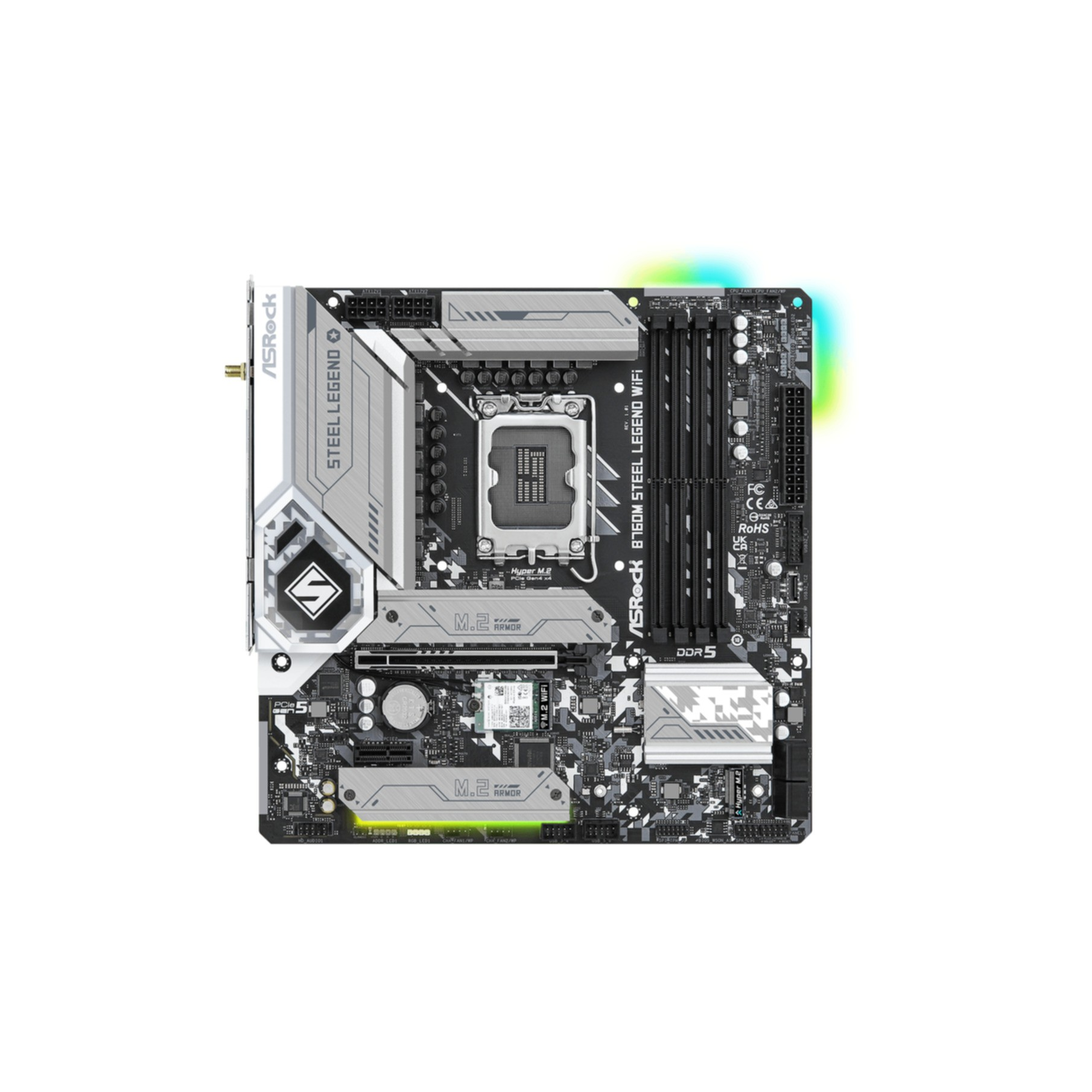 Płyta główna z różnymi komponentami, w tym gniazdem procesora i gniazdami RAM. Tło jest białe.