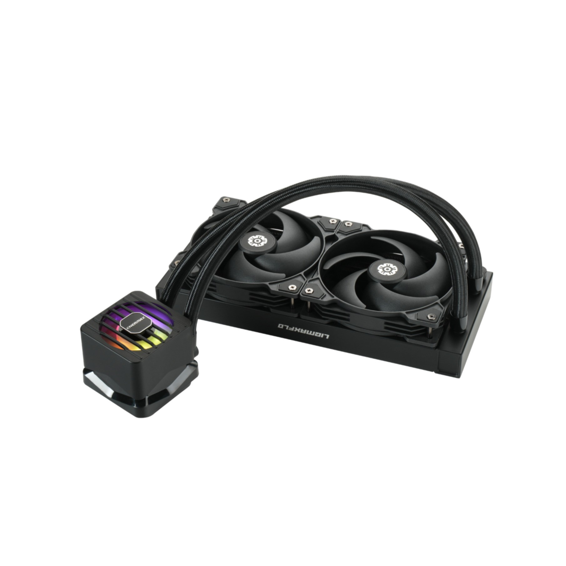 Sistema di raffreddamento per computer nero. Due ventole, collegate da tubi, a blocco CPU con luci.