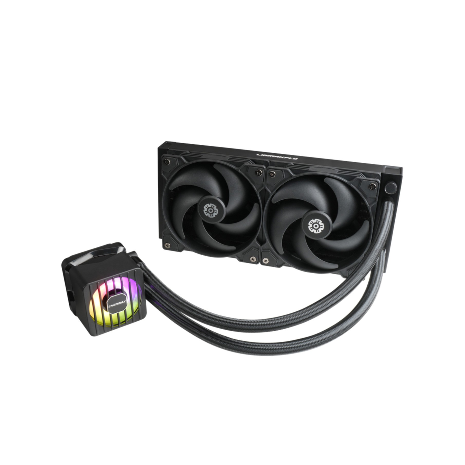 Dissipatore CPU nero con due ventole e pompa separata, tubi li collegano.