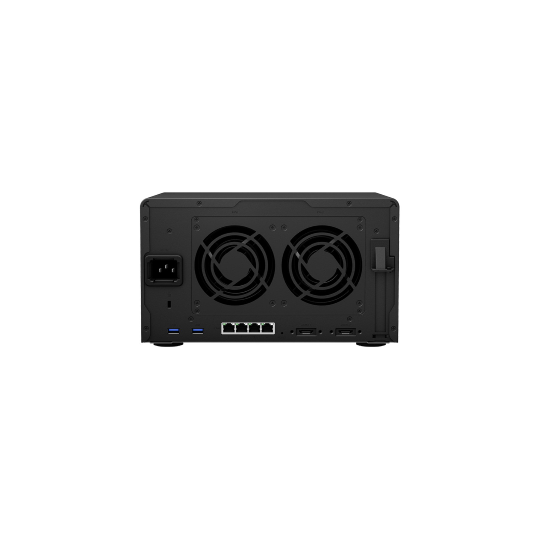 Dispositivo NAS negro con dos ventiladores, múltiples puertos y un botón de encendido.