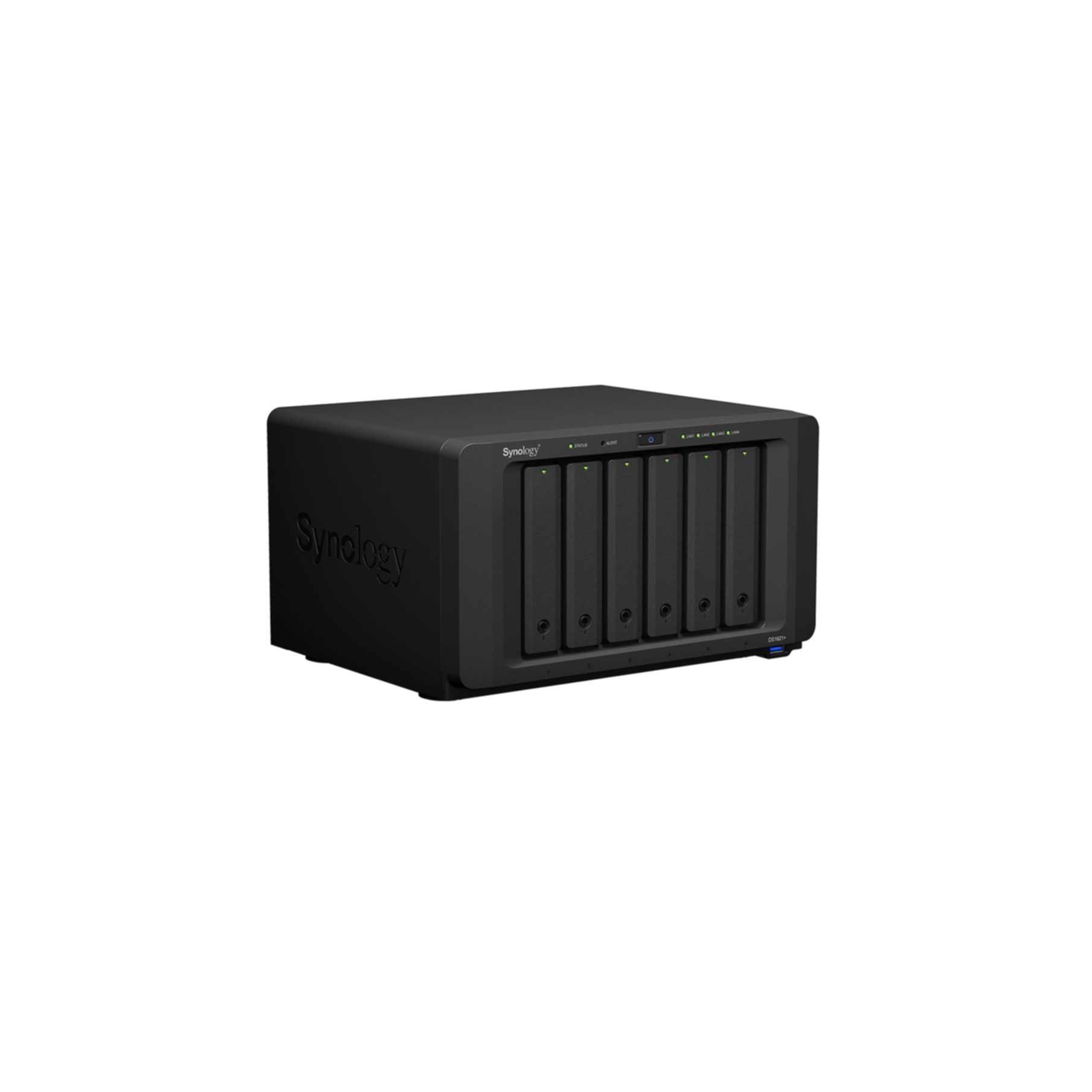 Dispositivo rectangular negro con ranuras verticales. La marca es Synology.
