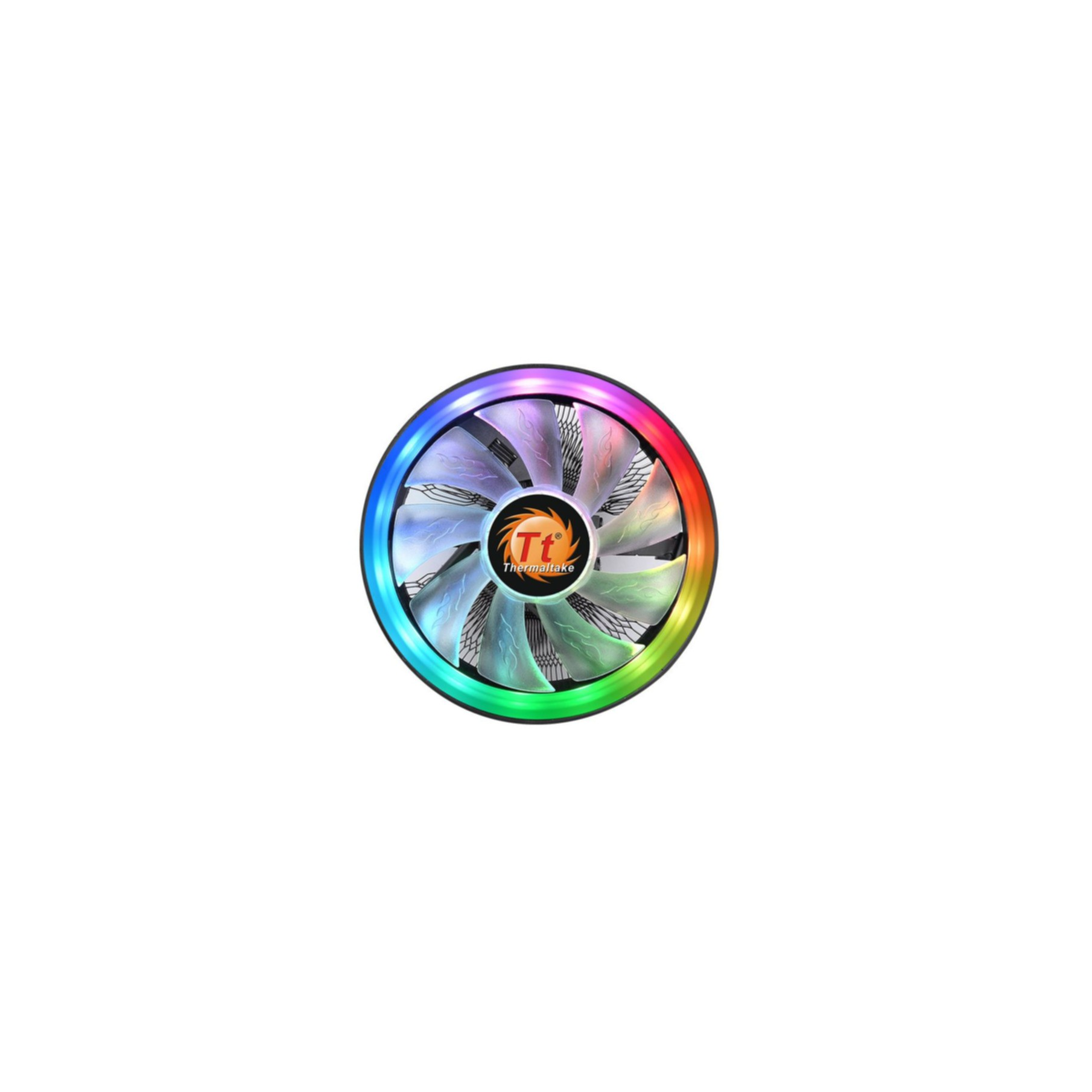 Ronde computerventilator met regenboogkleurige lichten. Het centrum heeft een logo.