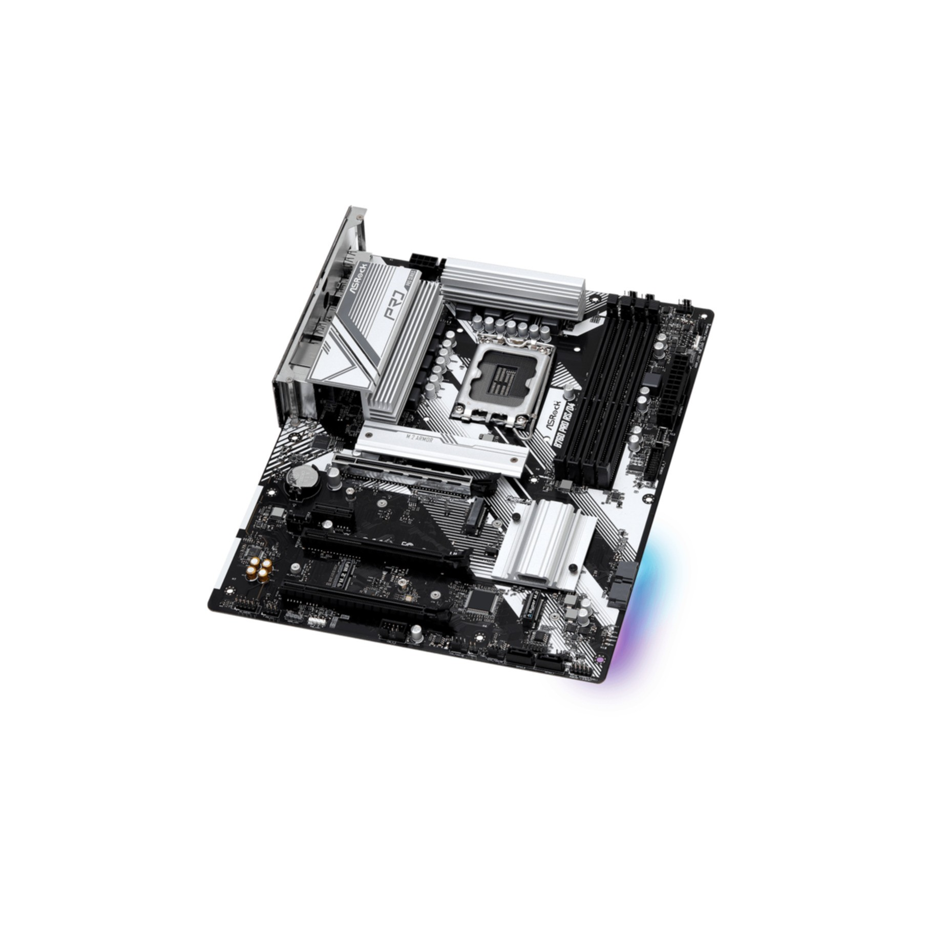 Scheda madre bianca e nera con componenti. Serie ASRock Pro RS.