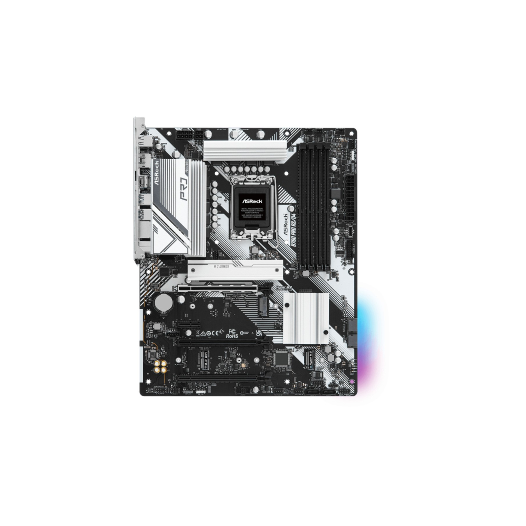 Una scheda madre in bianco e nero con il logo ASRock e vari connettori.