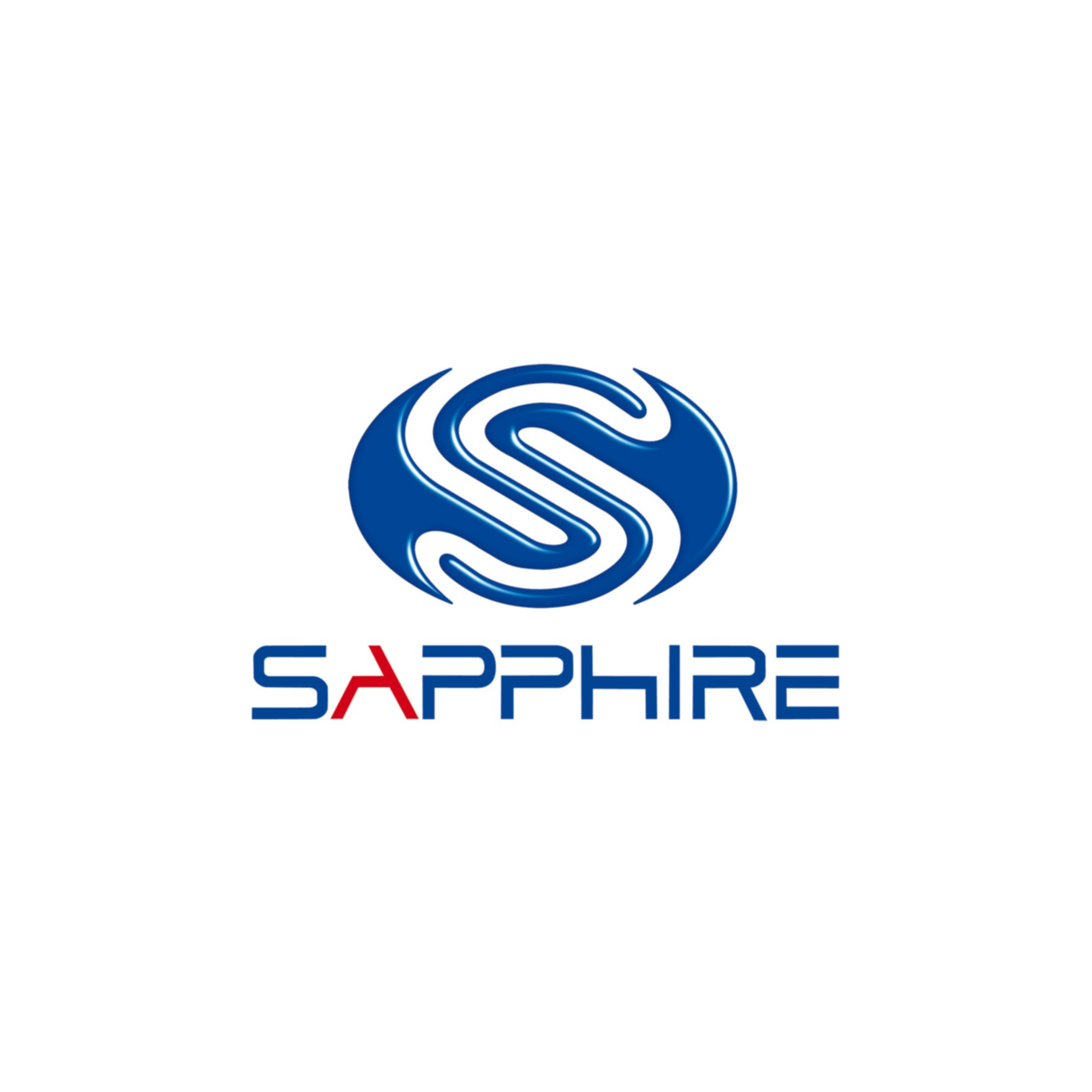 Logo Sapphire in blu. Il logo è una forma ovale con una S all'interno e la parola SAPPHIRE sotto.