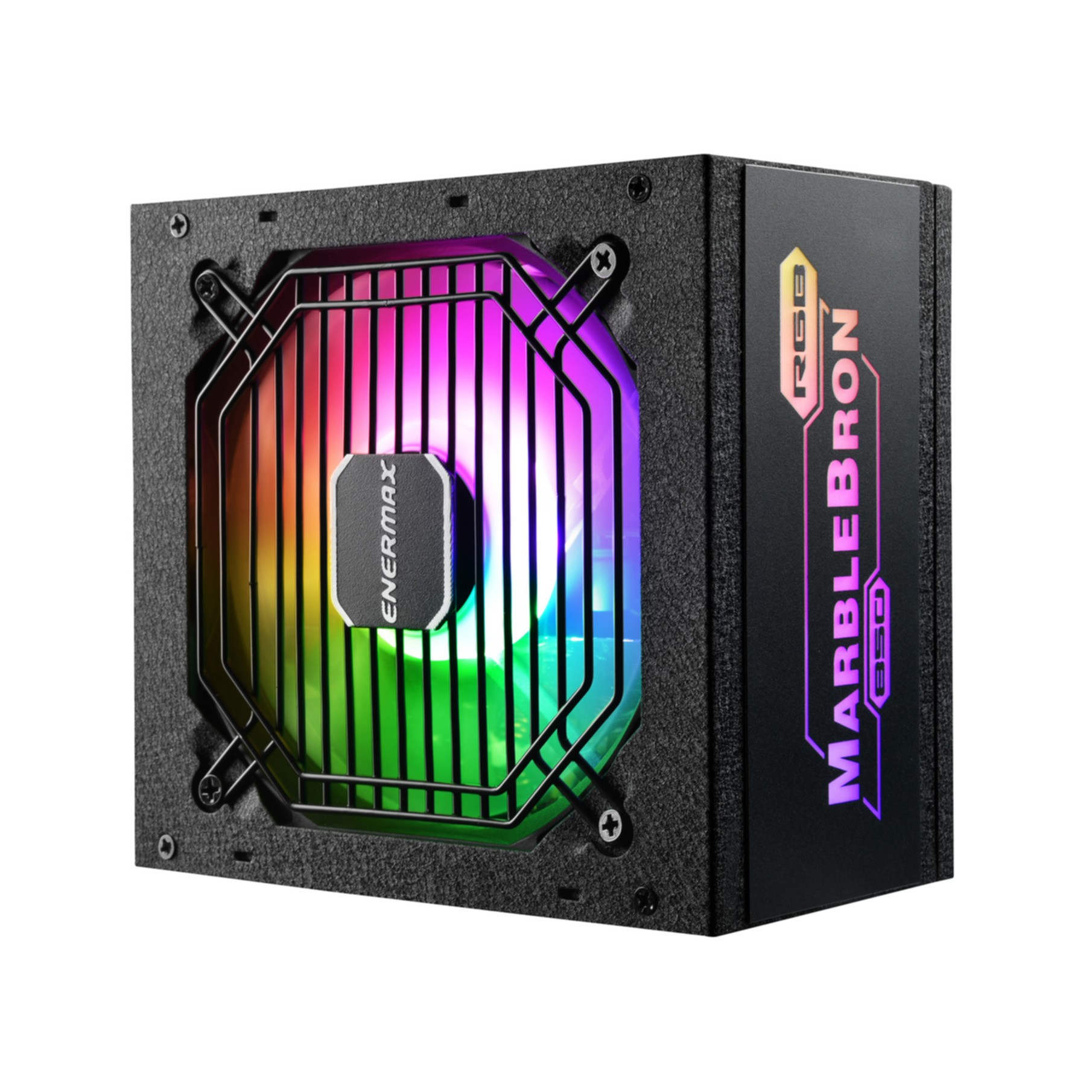 Alimentatore con ventola colorata. Case nero, etichette 'ENERMAX' e 'MARBLEBRON'.