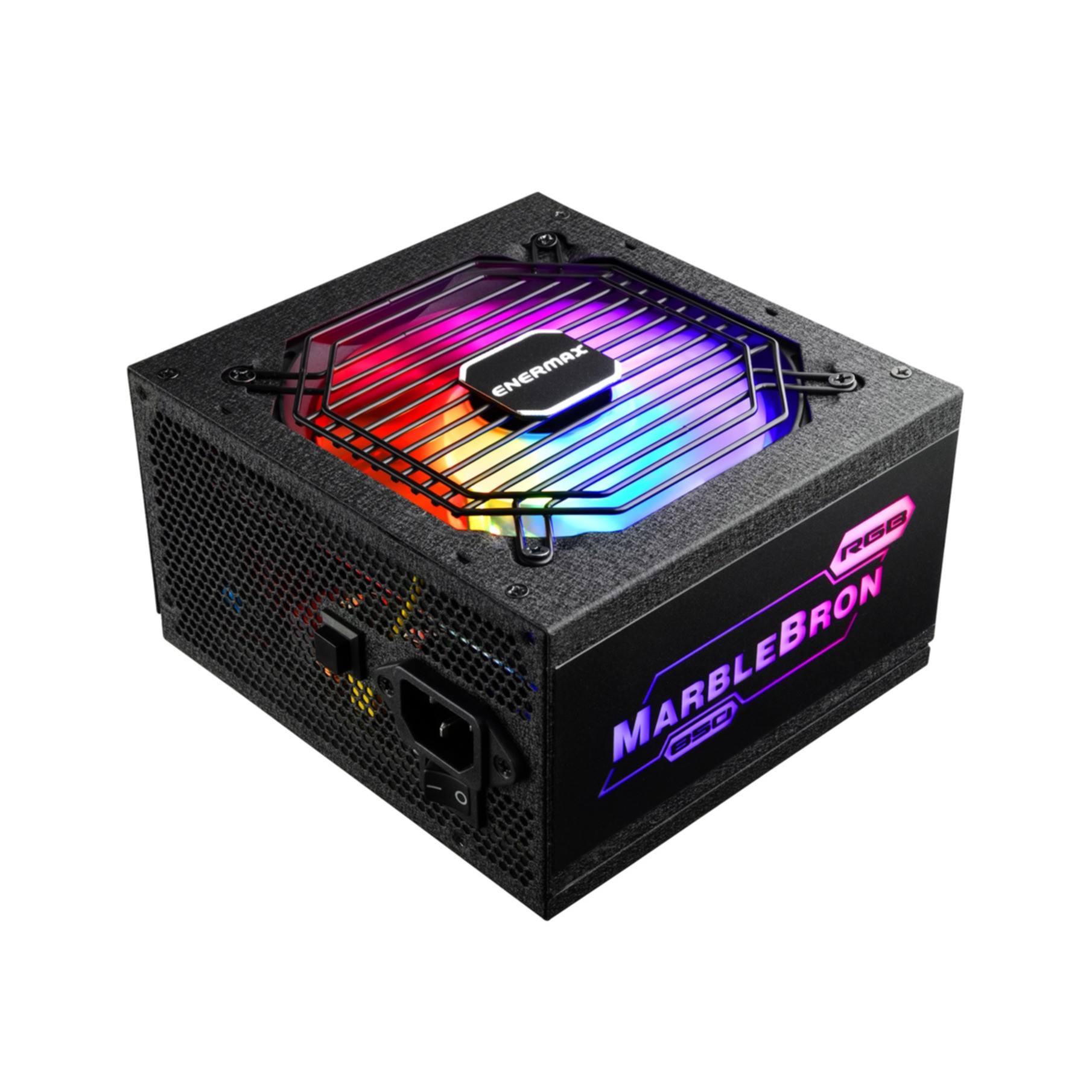 Un alimentatore per computer nero con una ventola colorata e la scritta 'MARBLEBRON' sul lato.