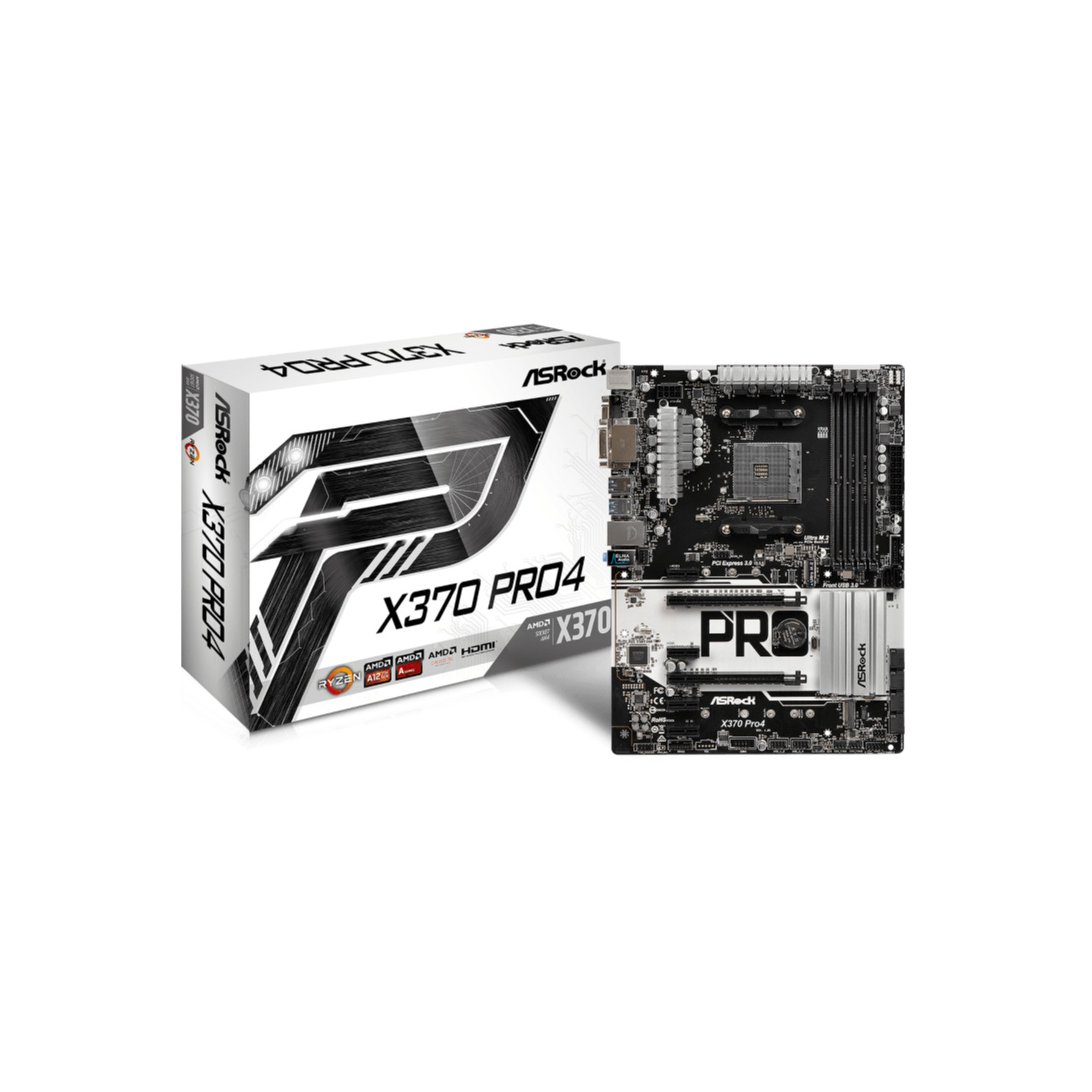 ASRock-Motherboard-Box und -Motherboard. Schwarz-weißes Design. Weißer Hintergrund.