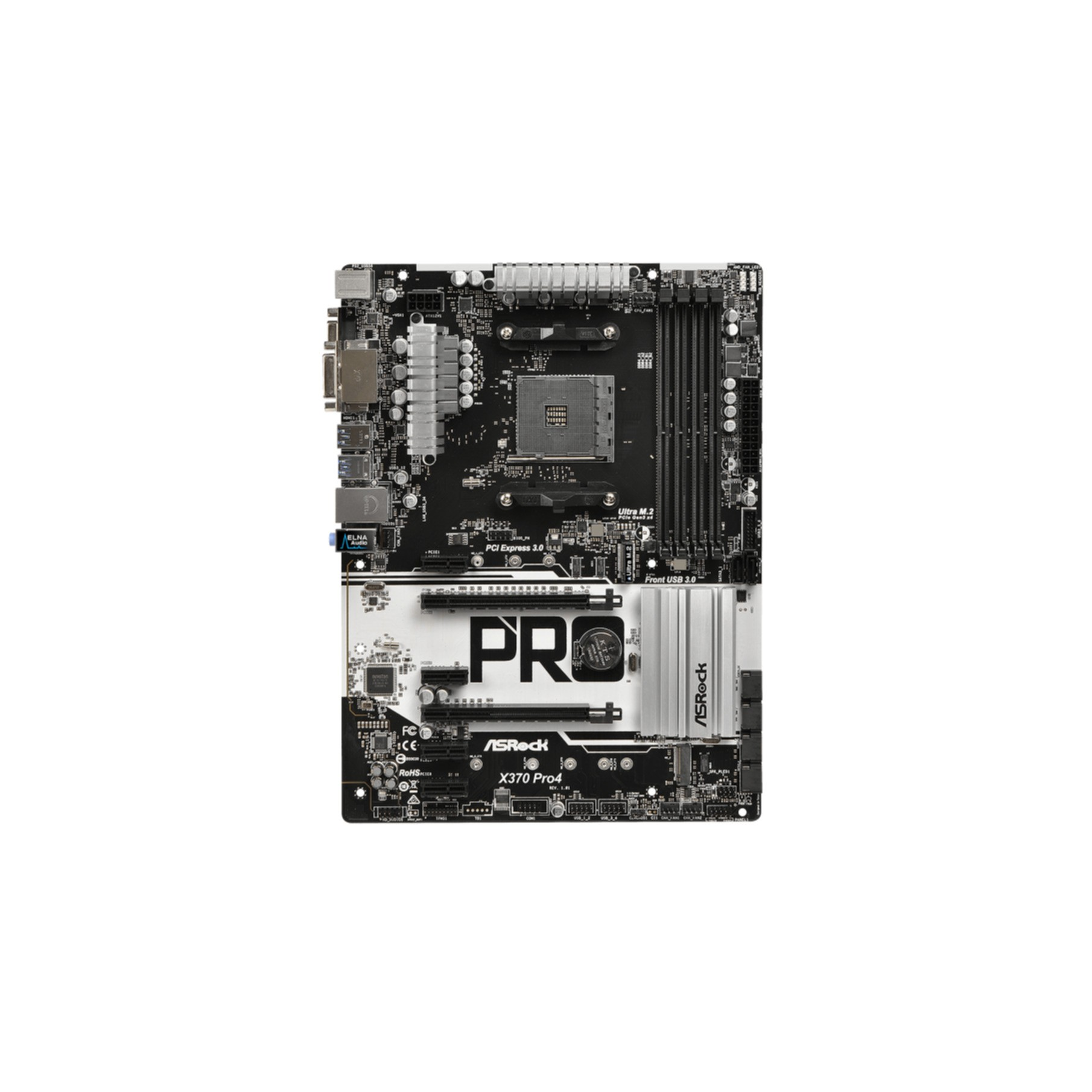 Schwarzes und silbernes Motherboard mit Komponenten auf weißem Hintergrund.