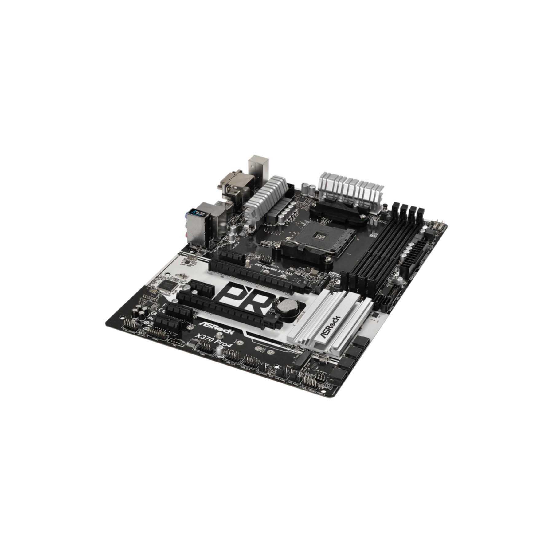 Schwarzes und silbernes ASRock X570 Pro4 Motherboard mit Komponenten auf weißer Oberfläche.