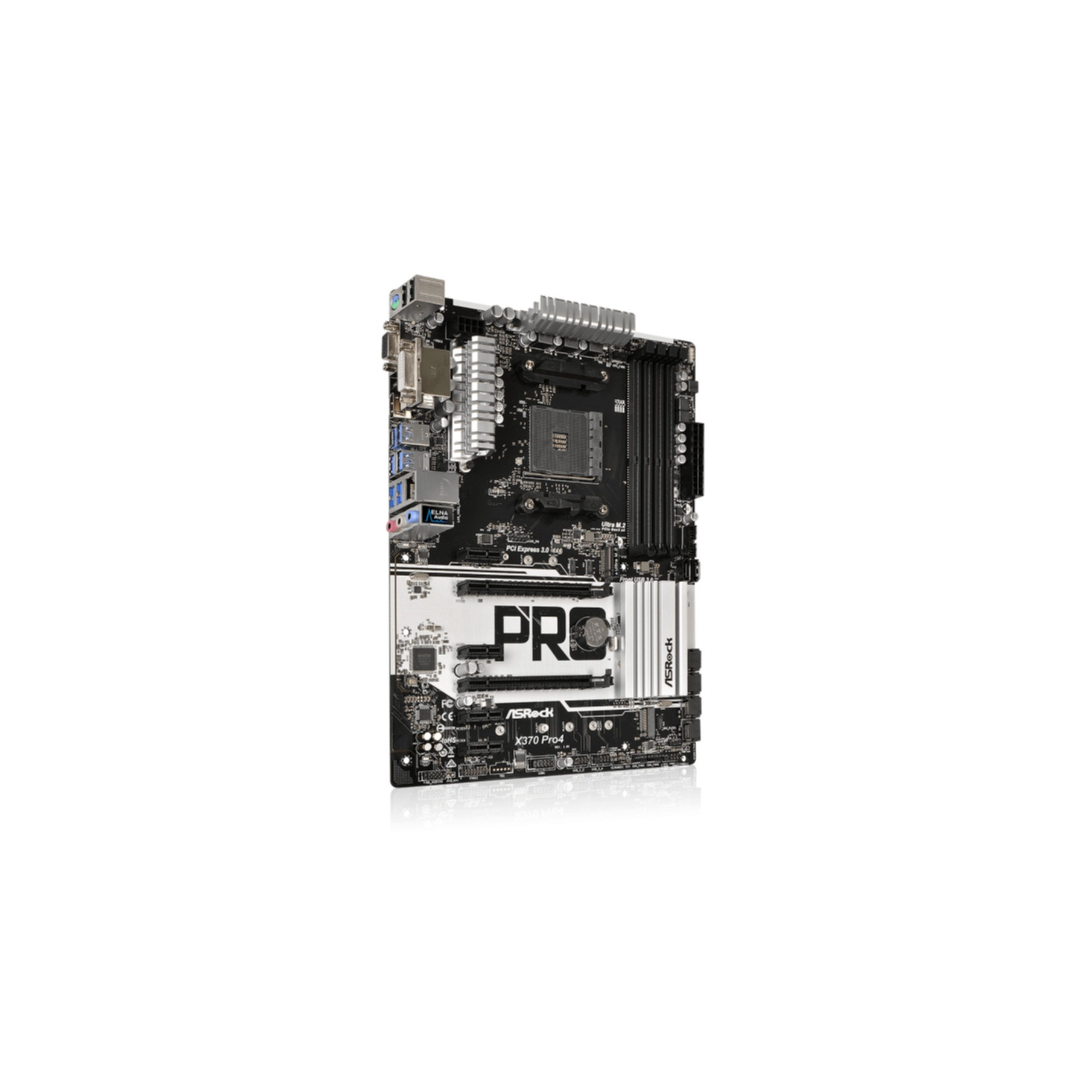 Ein weißes und schwarzes Motherboard. Es hat verschiedene Komponenten und das ASRock-Logo.