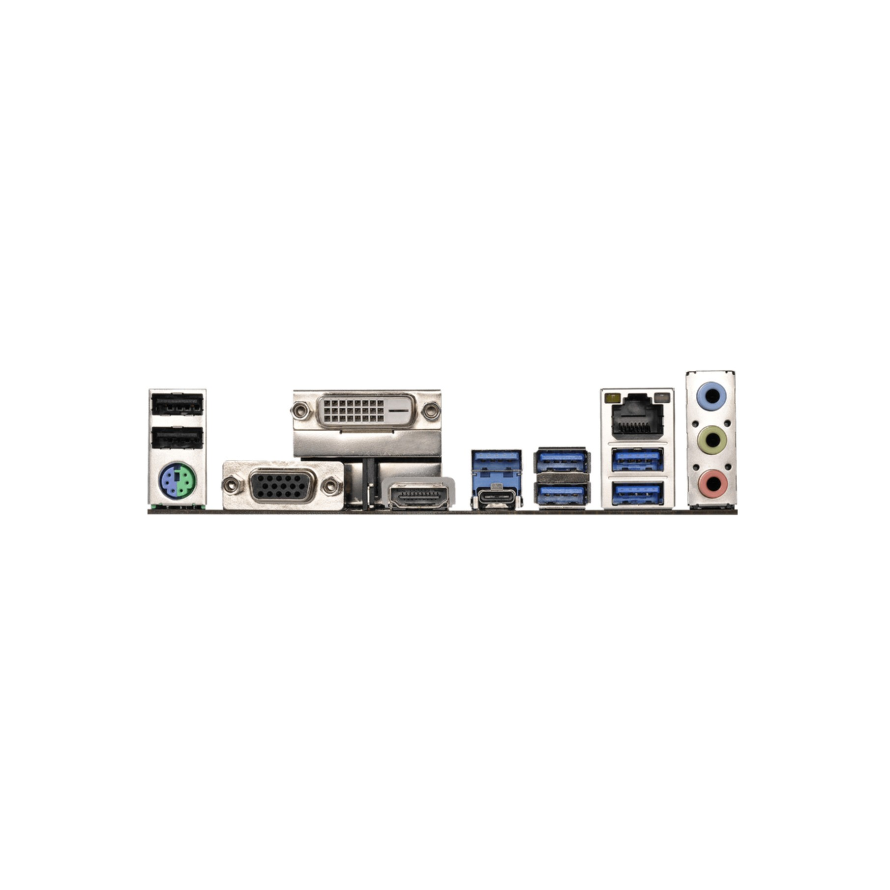 Rückansicht eines Motherboards mit vielen Anschlüssen, Steckern und Pins.