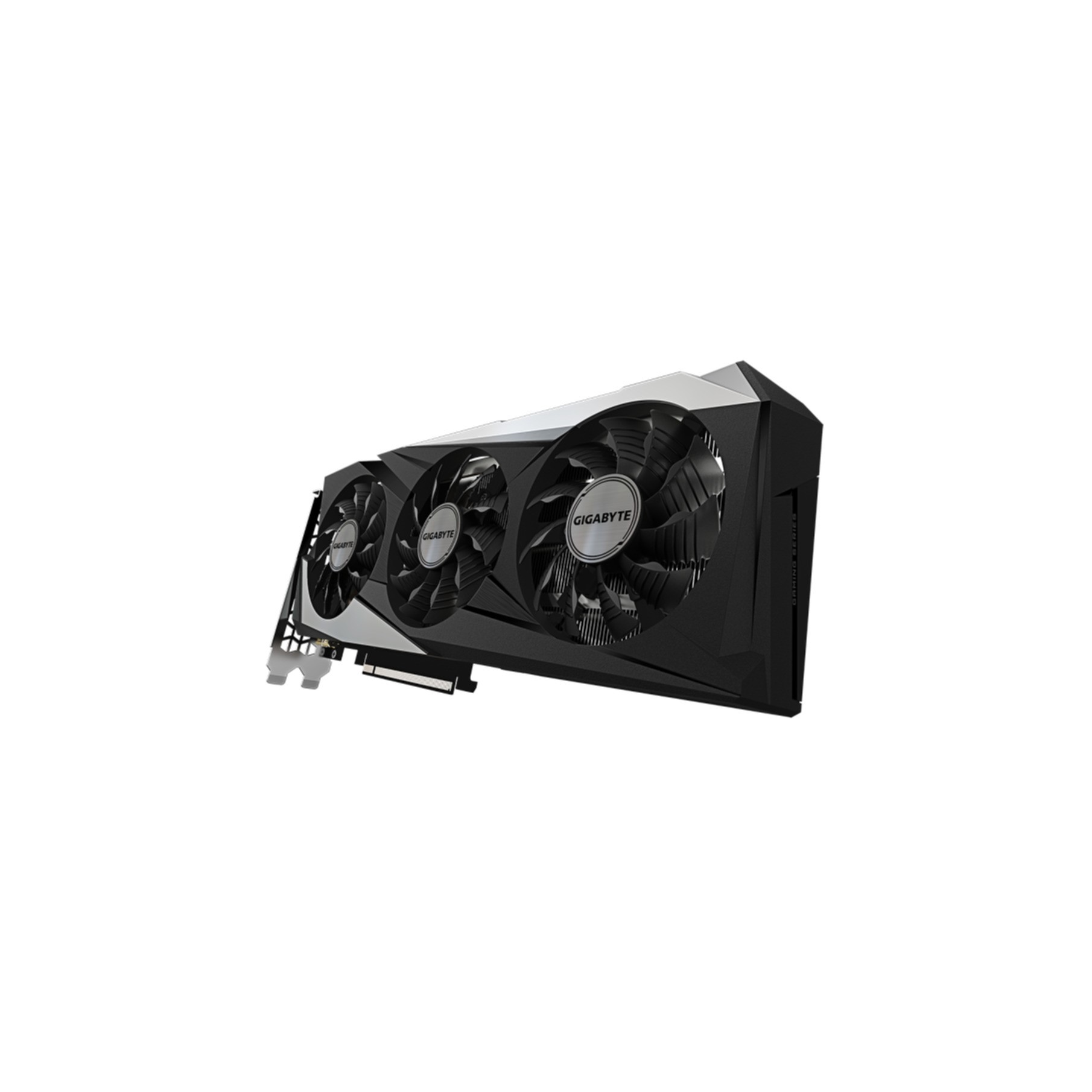 Eine Gigabyte-Grafikkarte mit drei Lüftern. Sie hat ein schwarz-silbernes Design.