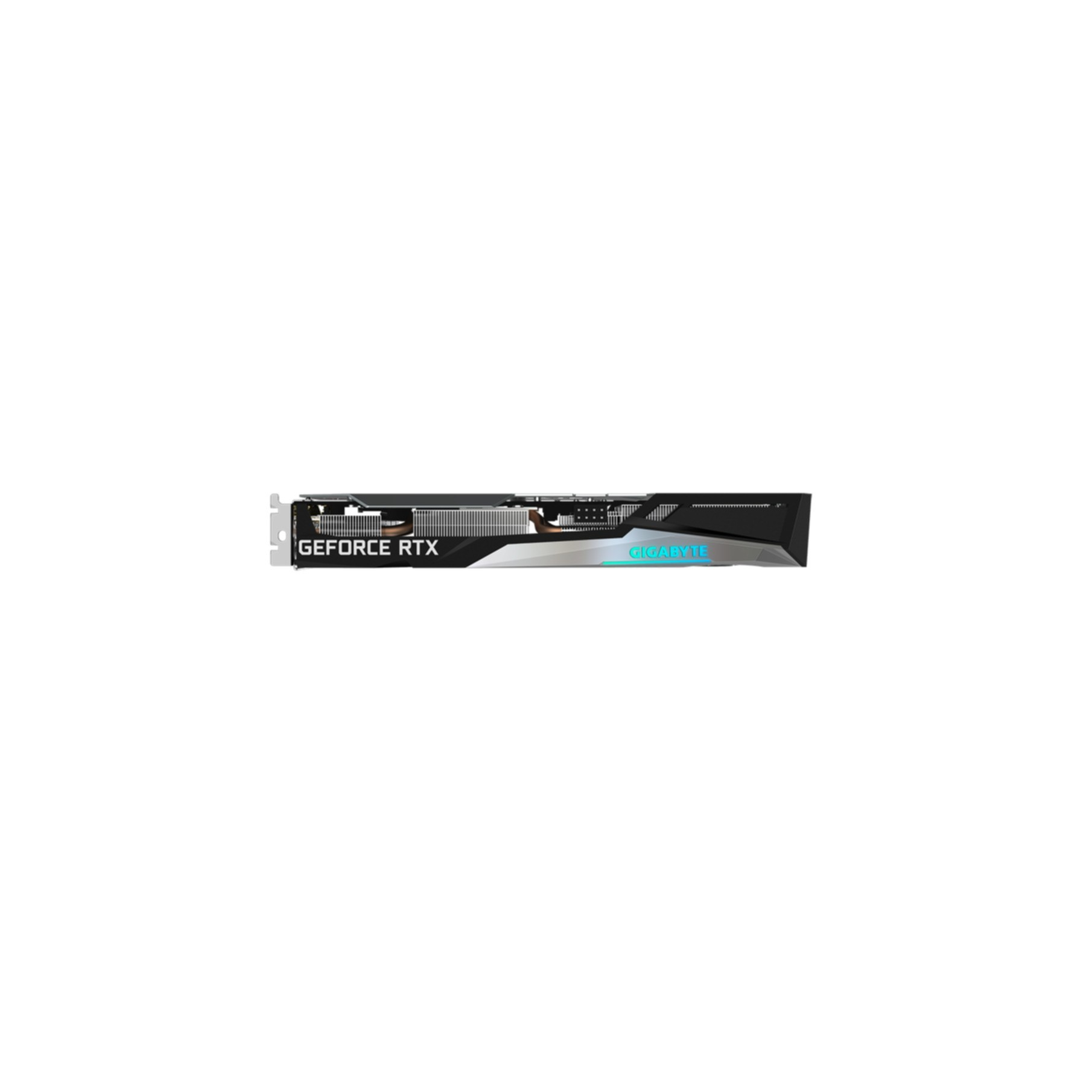Schwarz-silberne Gigabyte GeForce RTX Grafikkarte, die den Modellnamen zeigt.