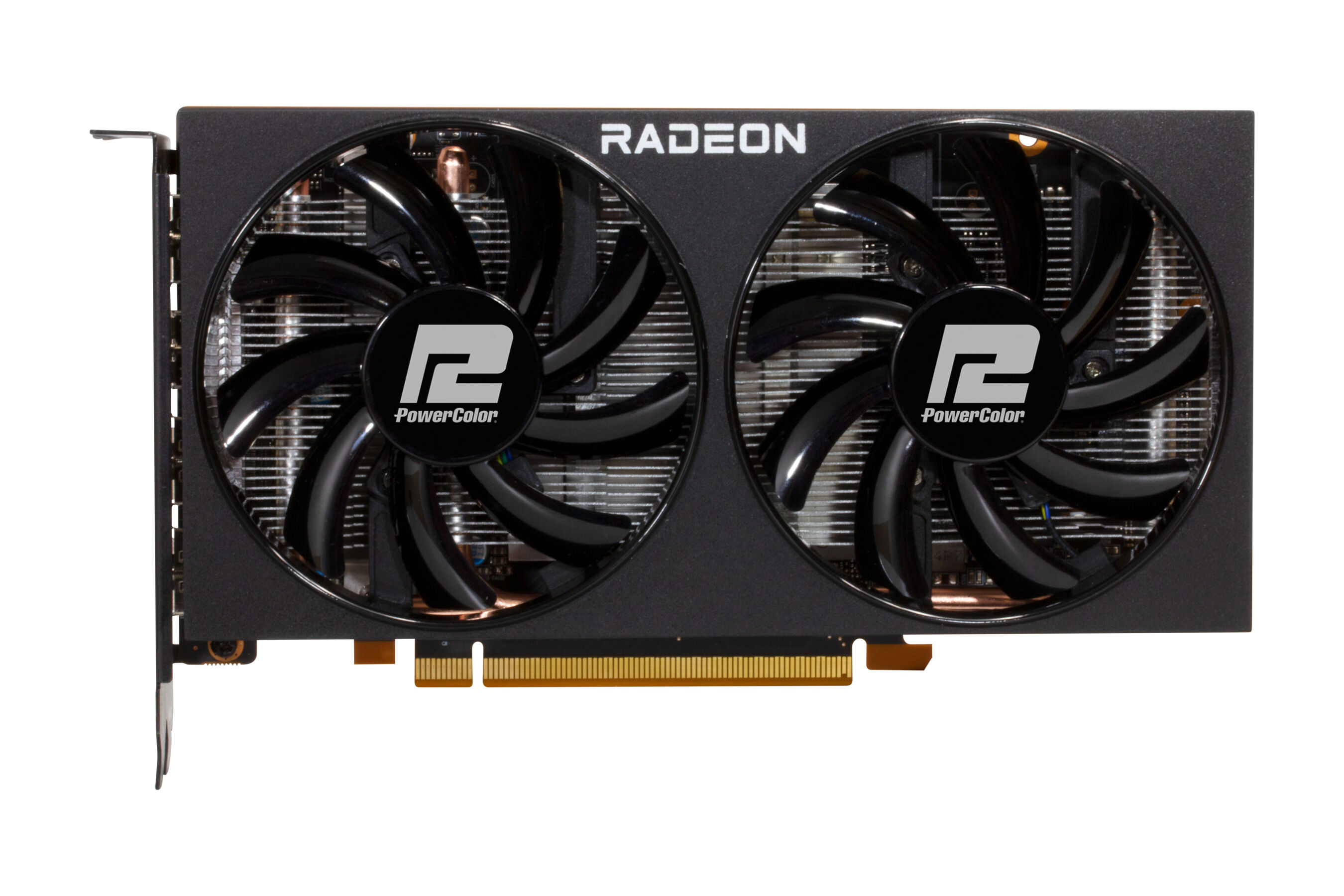 Scheda grafica Radeon nera con due ventole, logo PowerColor e testo Radeon su sfondo bianco.