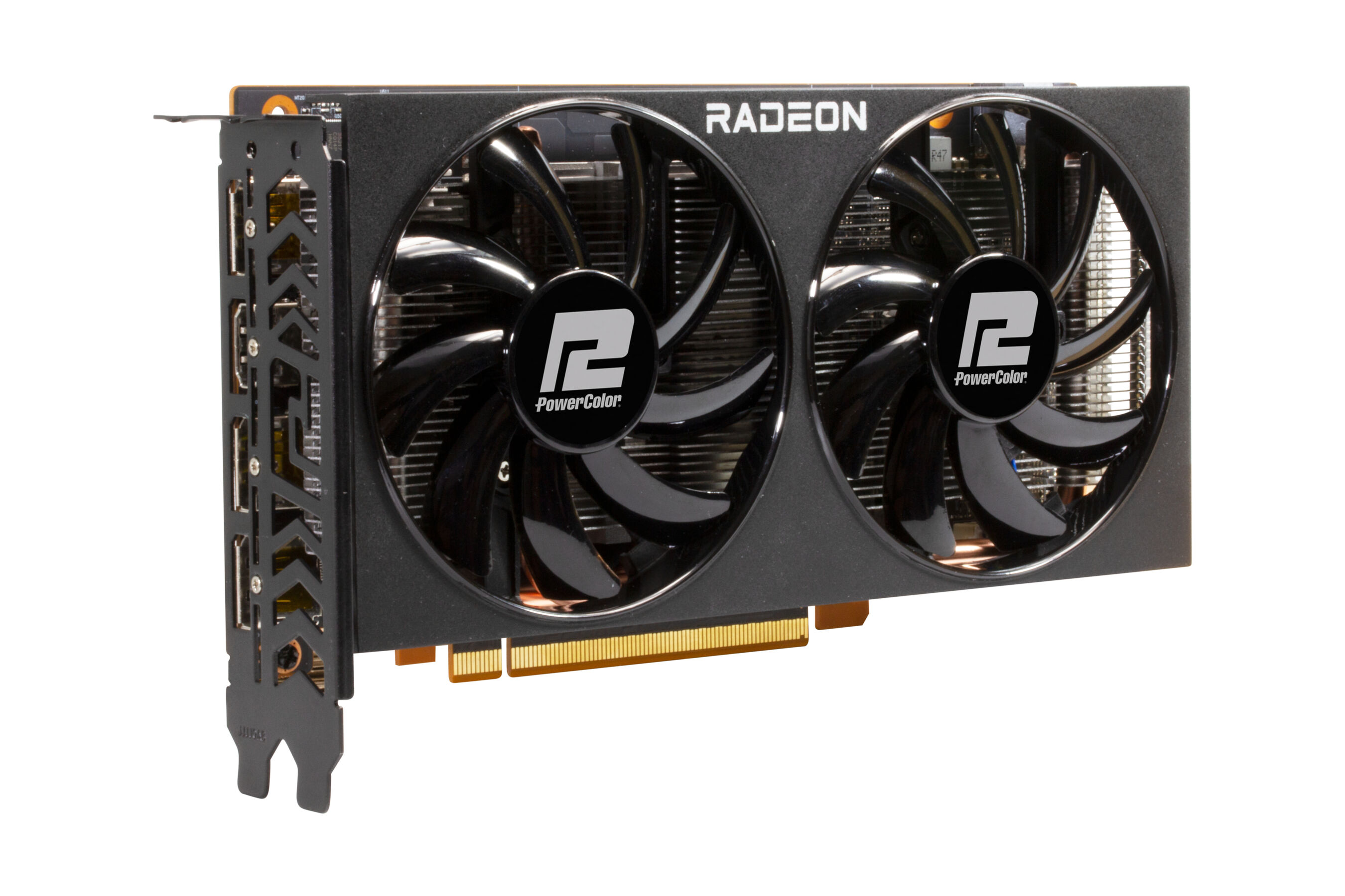 Scheda grafica Radeon con due ventole su sfondo bianco. La scheda ha un telaio nero e dettagli rossi.