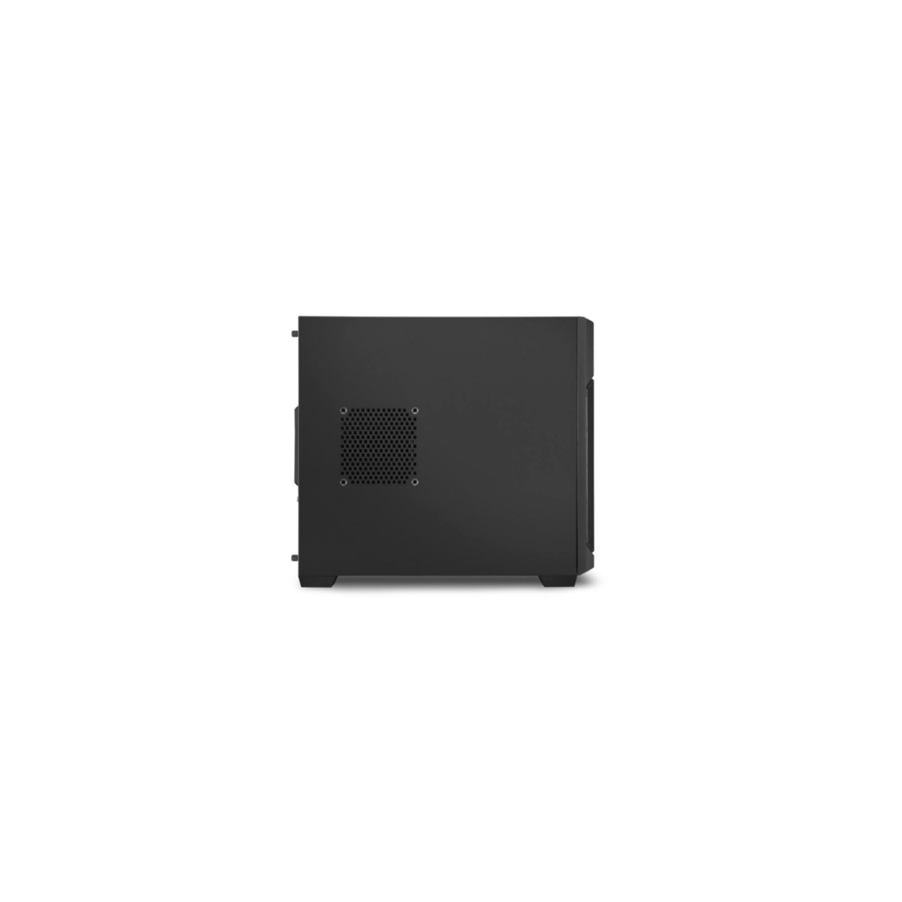 Ein schwarzes PC-Gehäuse. Seitenansicht. Es hat eine Mesh-Entlüftung und befindet sich auf weißem Hintergrund.