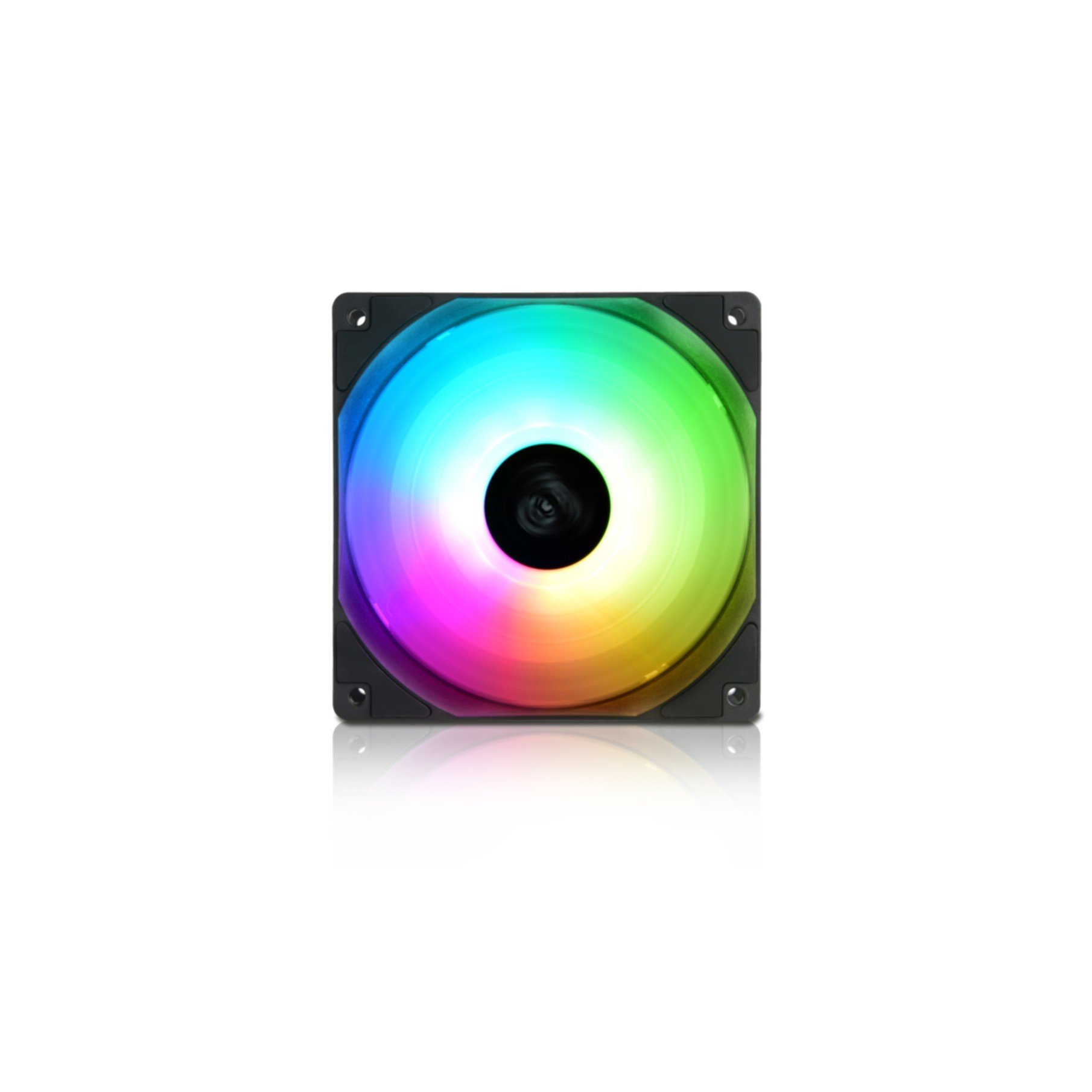 Siyah çerçeveli RGB fan. Fanda gökkuşağı efekti var ve ortalanmış.