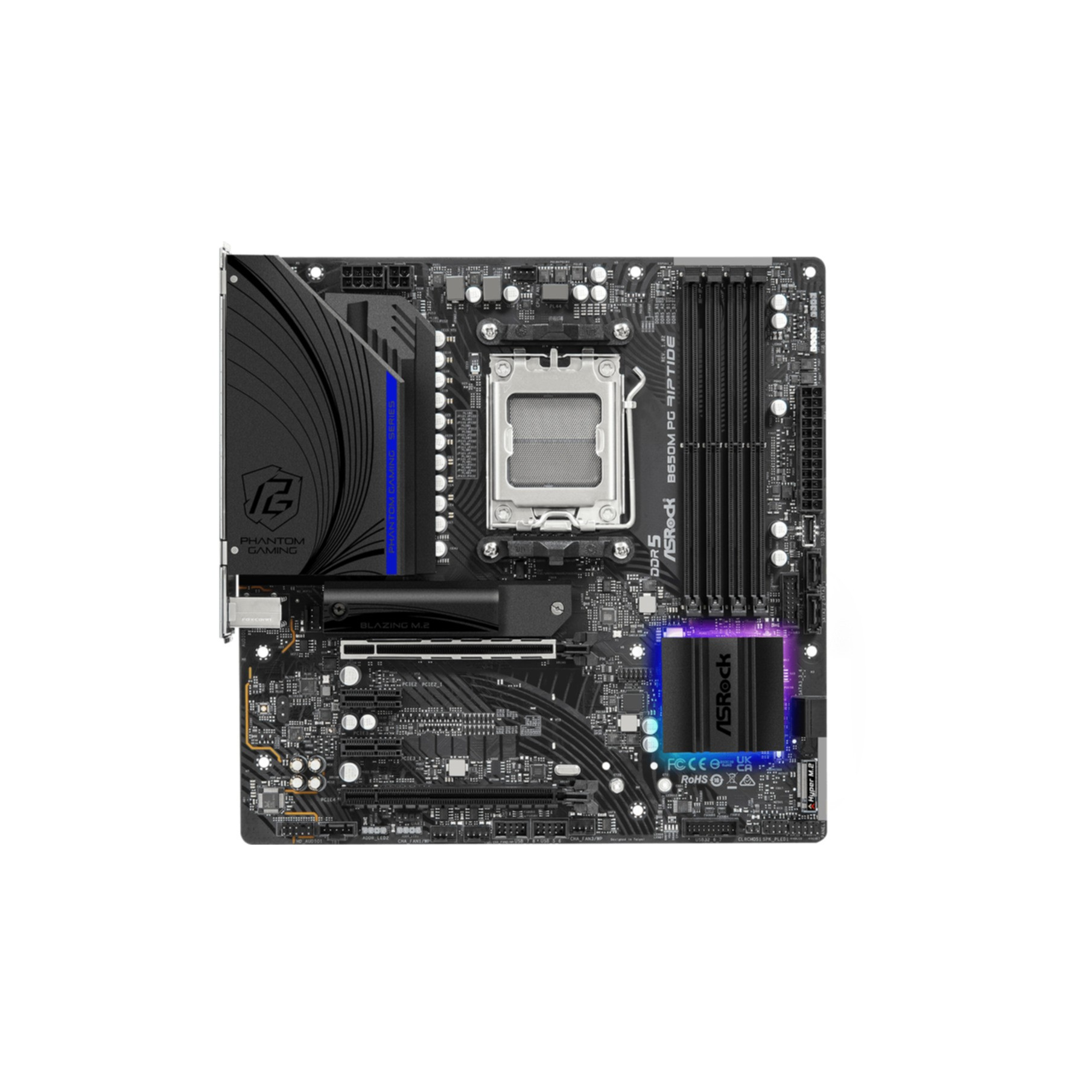 Scheda madre nera ASRock B650M PG RIPTIDE. Contiene più porte e slot ed effetti di luce colorati.
