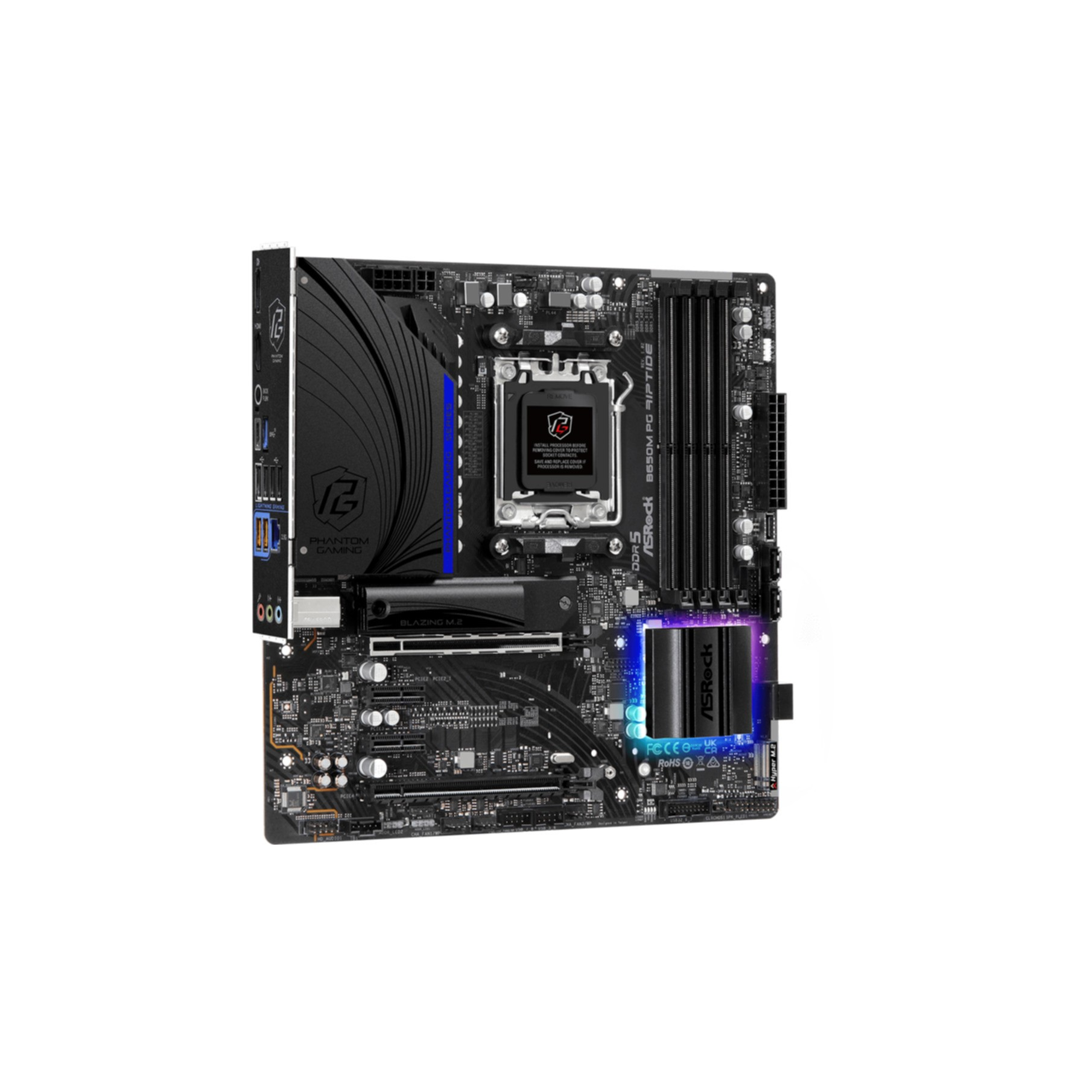 Scheda madre ASRock nera e grigia. Ha vari componenti e porte.