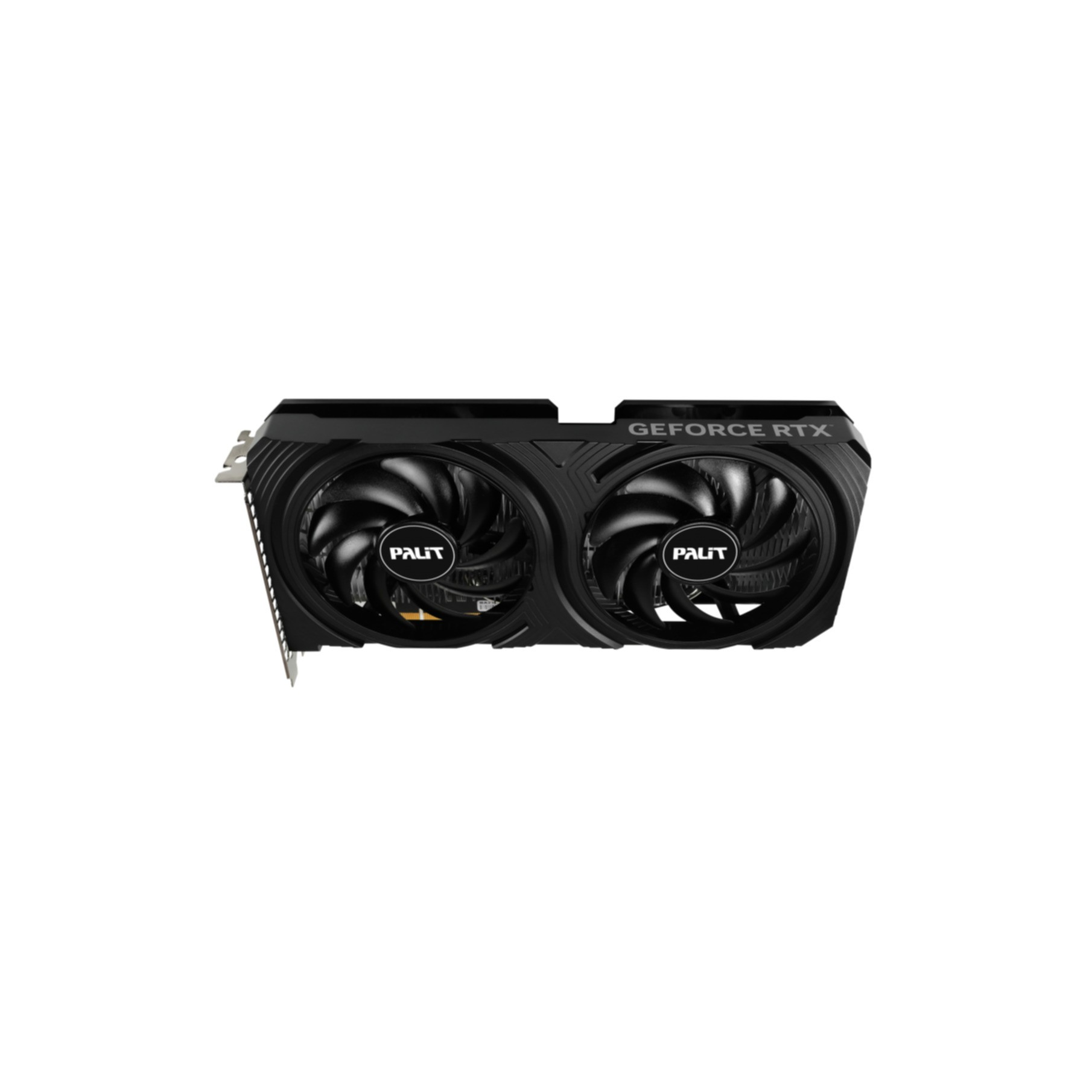 Schwarze Grafikkarte mit zwei Lüftern, Text 'PALIT' und 'GEFORCE RTX'. Weißer Hintergrund.