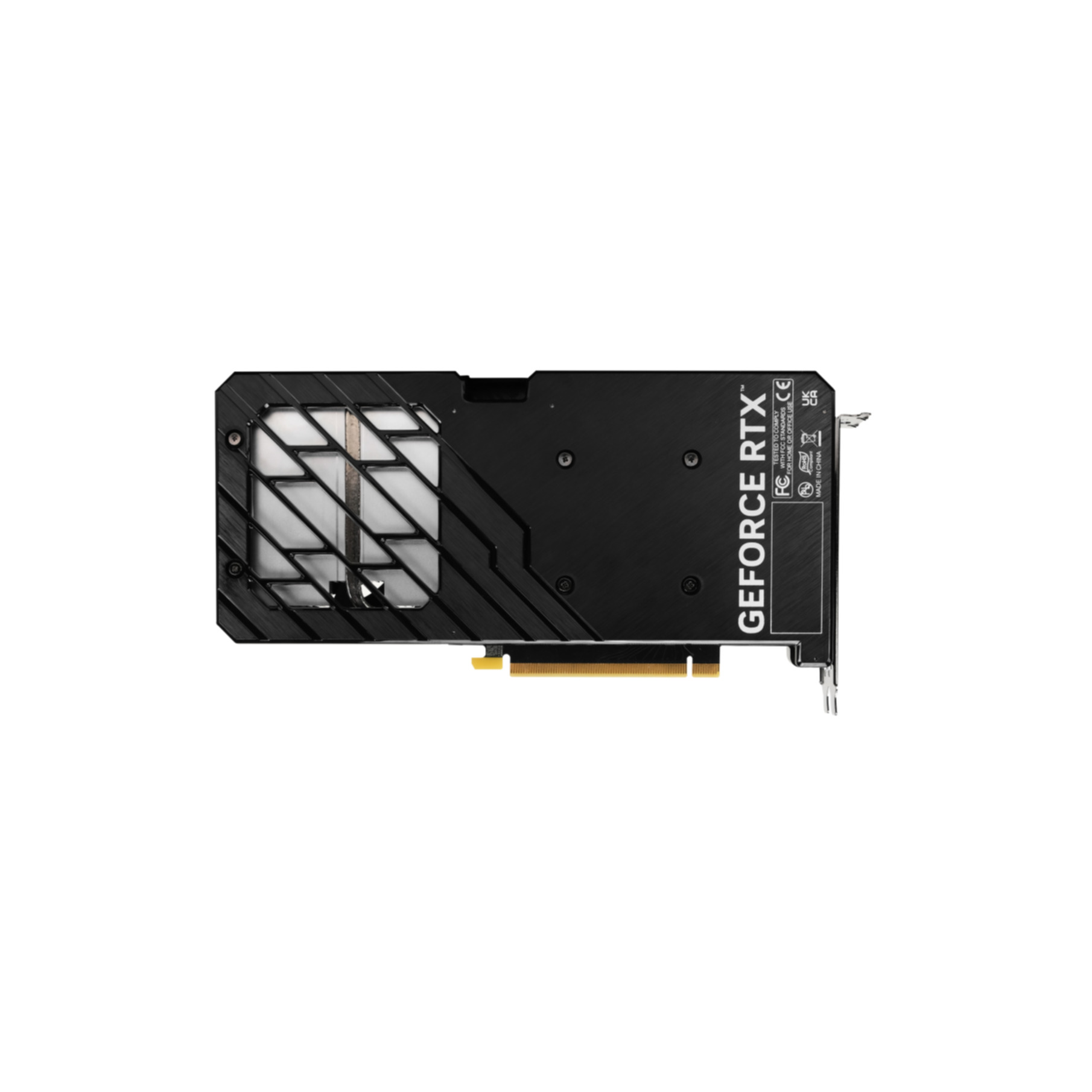 GeForce RTX Grafikkarte, schwarz mit Metall-Backplate, Winkelansicht.