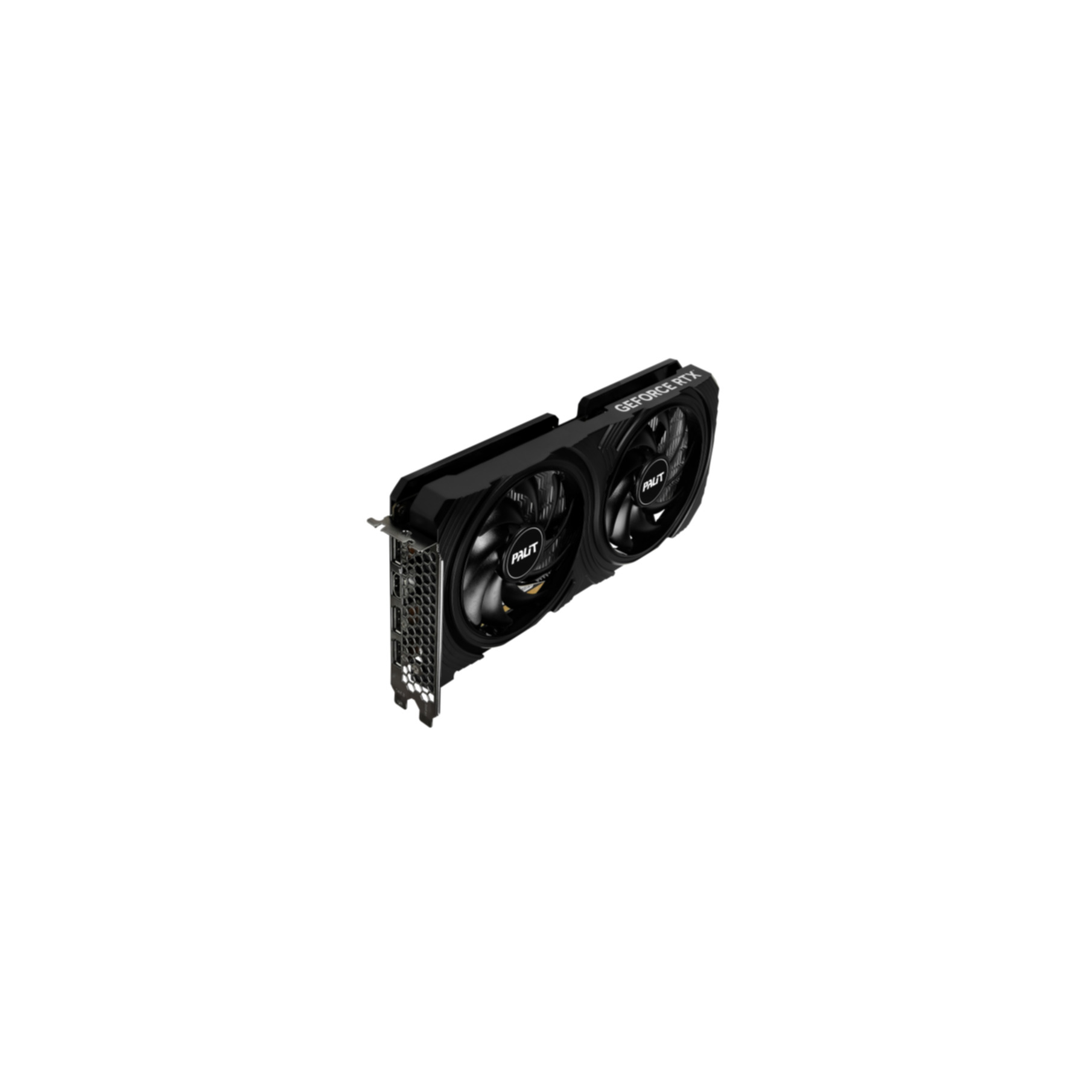 Schwarze Palit GeForce RTX Grafikkarte auf weißem Hintergrund, schräge Ansicht.
