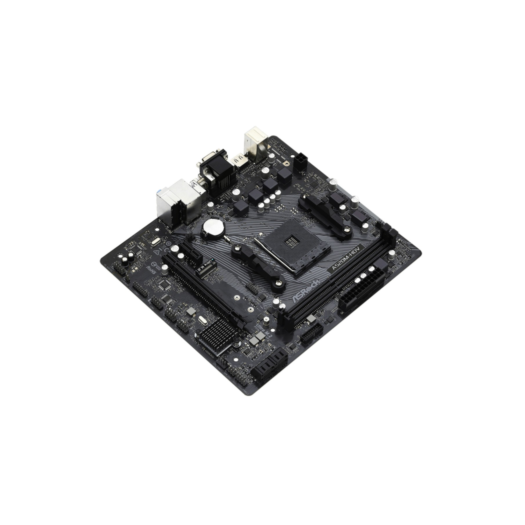 Płyta główna ASRock A520M-HDV, czarna, z widocznymi różnymi komponentami.