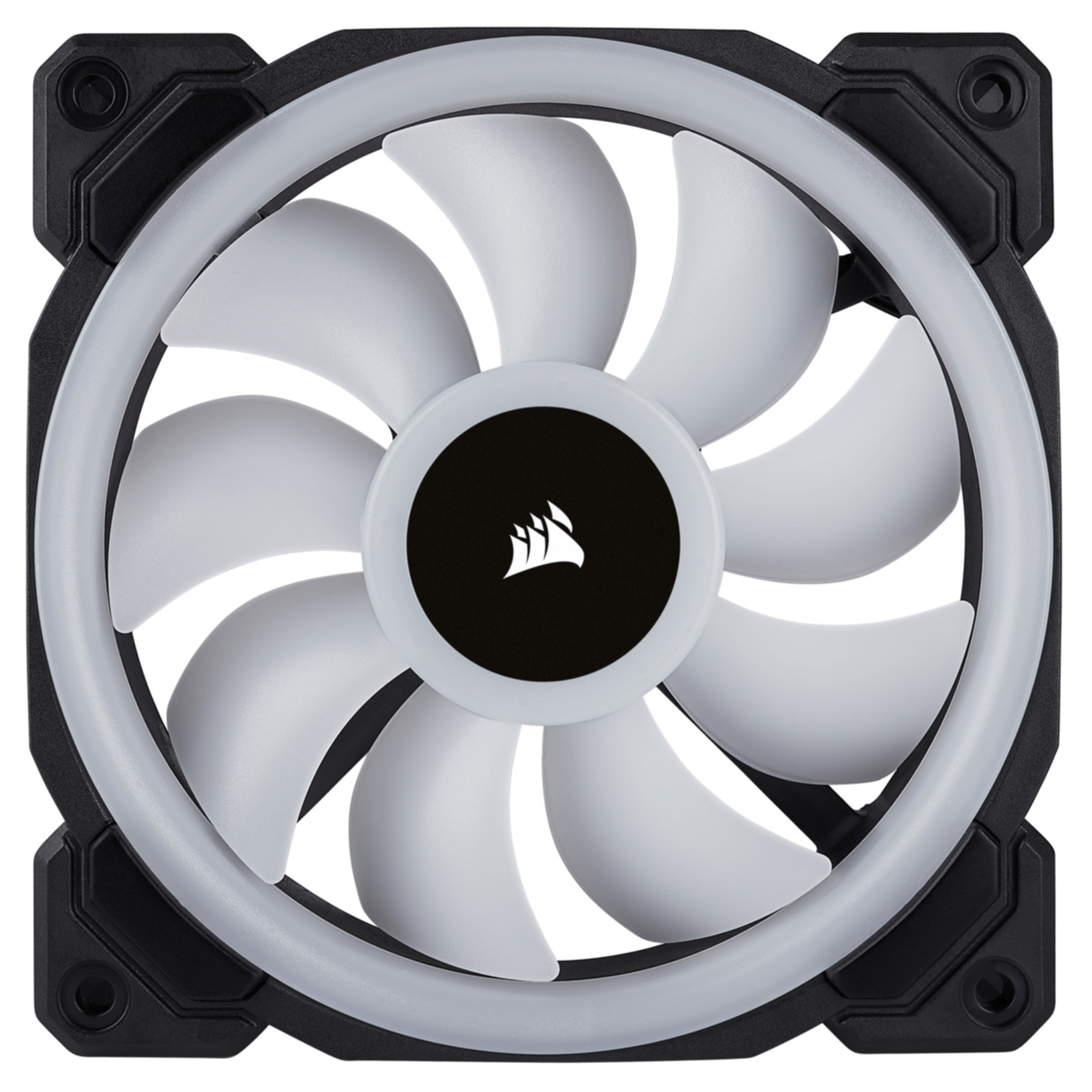 Schwarzer PC-Lüfter mit weißen Flügeln und weißem Lichtring. Corsair-Logo in der Mitte.