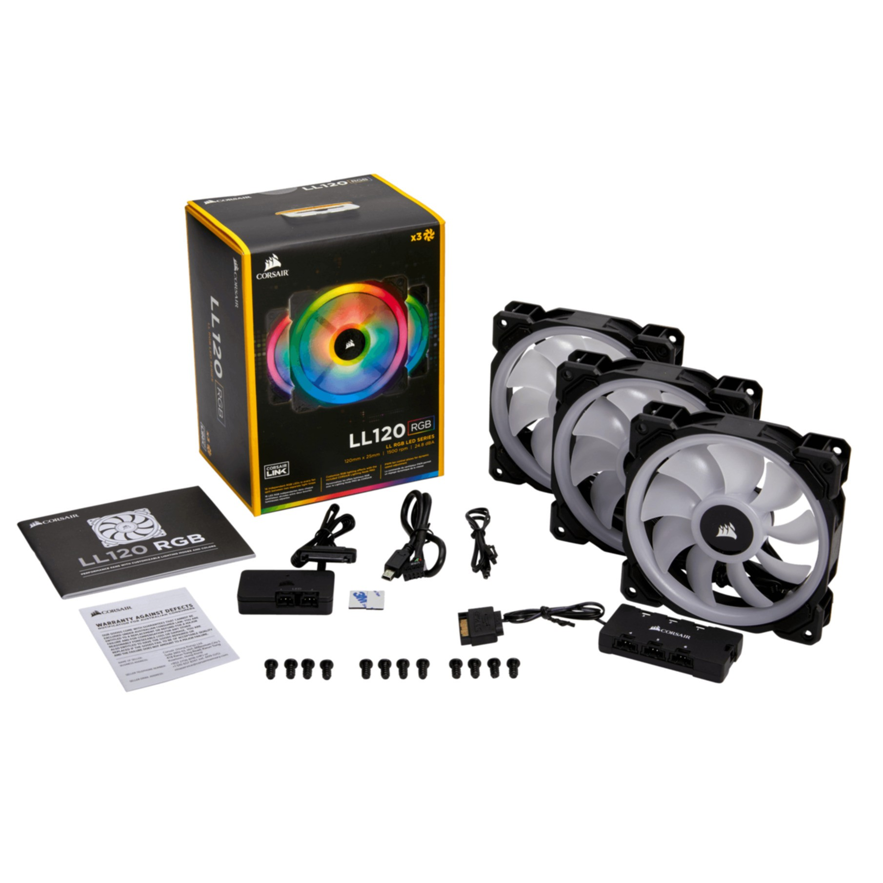 Boxed Corsair LL120 RGB-Lüfter und Zubehör, einschließlich Lüftersteuerungen.
