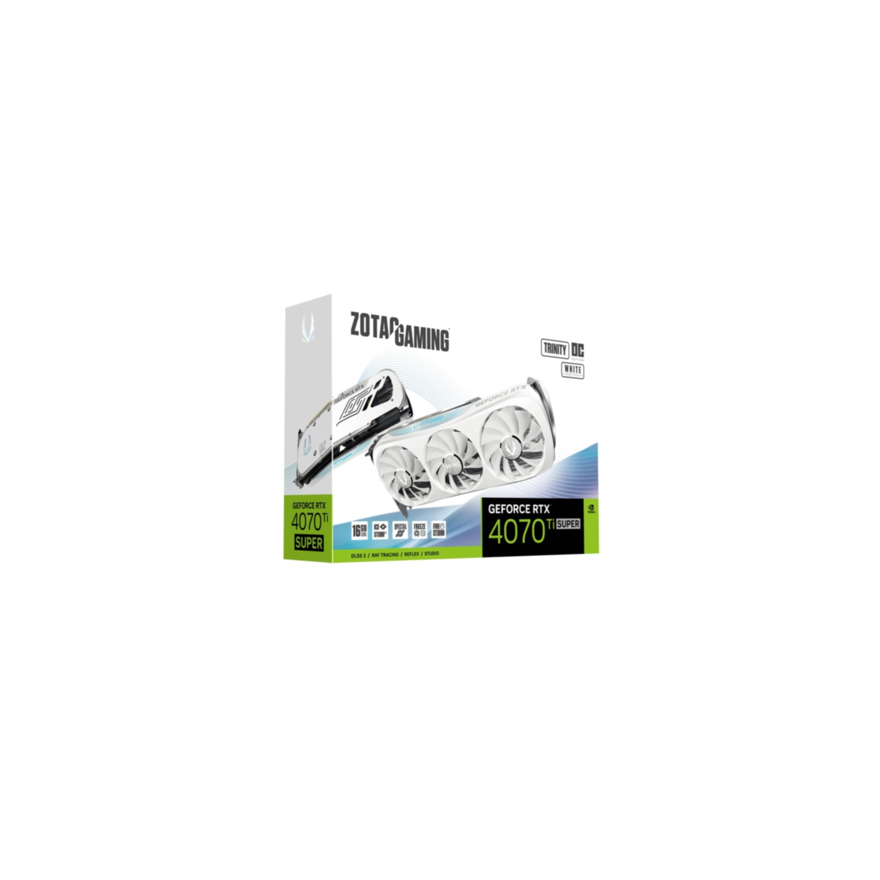 Scheda grafica e scatola ZOTAC GAMING GeForce RTX 4070 SUPER. Schema colori bianco.