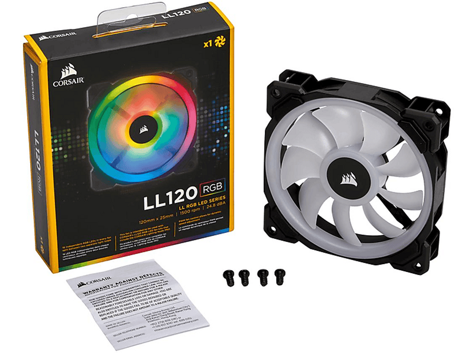Ein Lüfter mit Box und Zubehör auf weißem Hintergrund. Der Lüfter hat RGB-Beleuchtung.