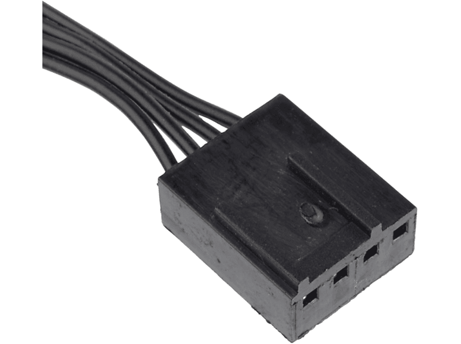 Schwarzer 3-Pin-Lüfteranschluss mit drei schwarzen Drähten, vor schwarzem Hintergrund.