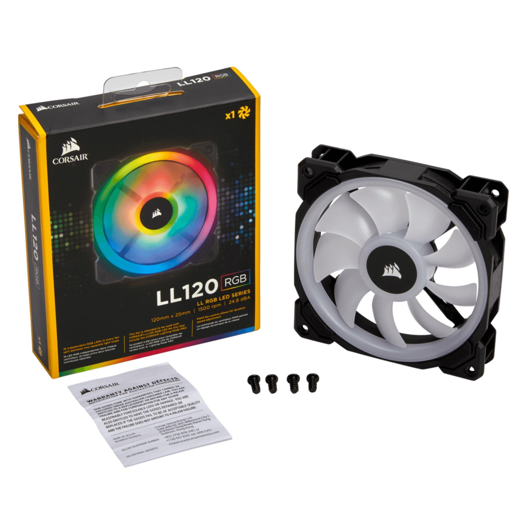 PC-Lüfter in der Box. Die Box hat einen Regenbogeneffekt. Der Lüfter ist schwarz mit weißen Blättern. Weißer Hintergrund.