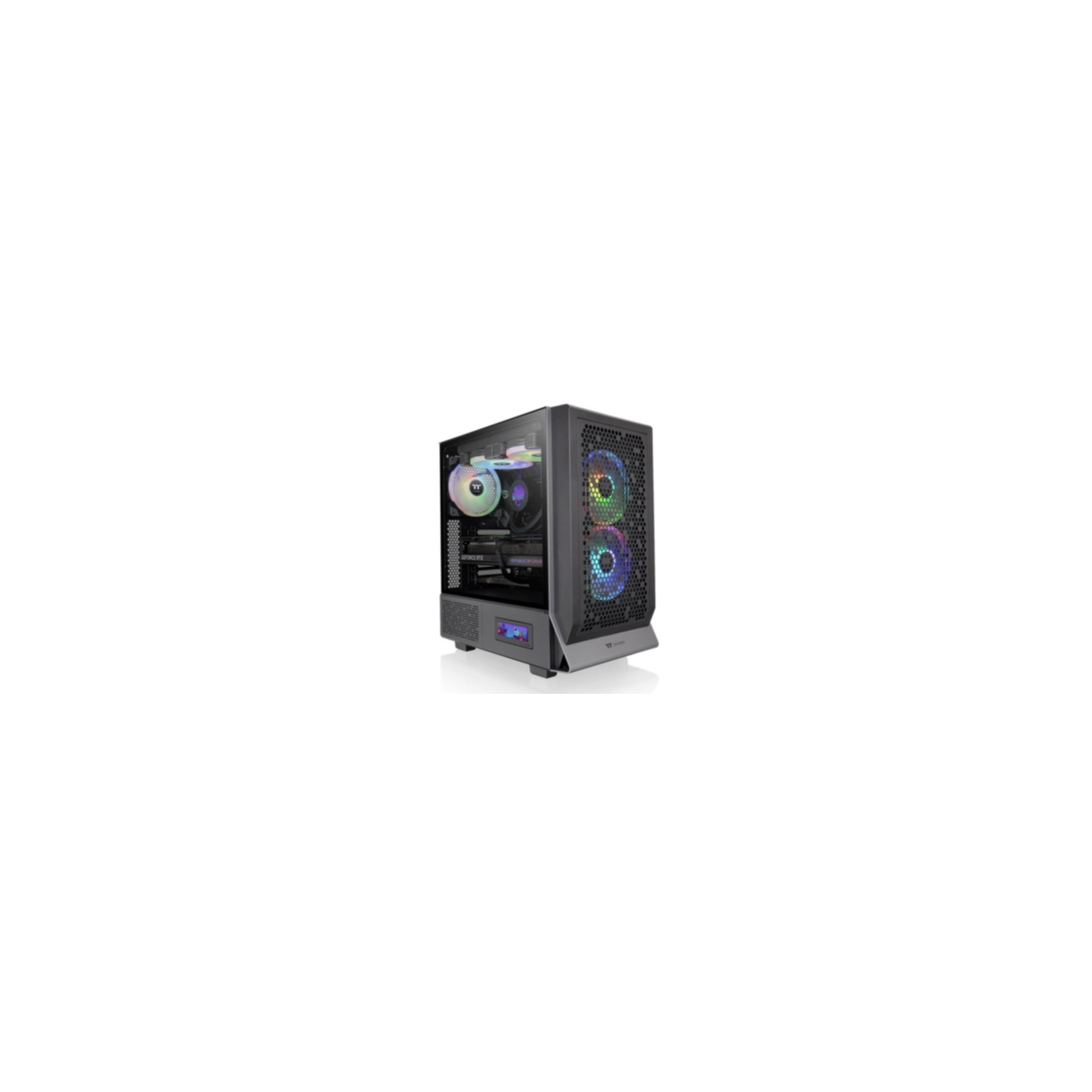 Ein schwarzes und graues PC-Gehäuse mit RGB-Lüftern und Komponenten auf weißem Hintergrund.