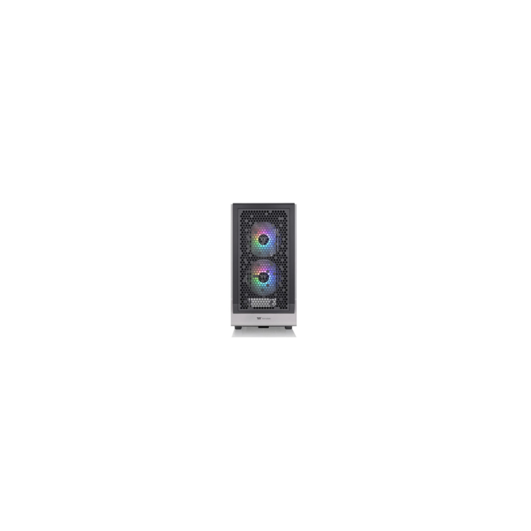 Schwarzes Computergehäuse mit zwei Lüftern innen, mit bunten Lichtern. Weißer Hintergrund.