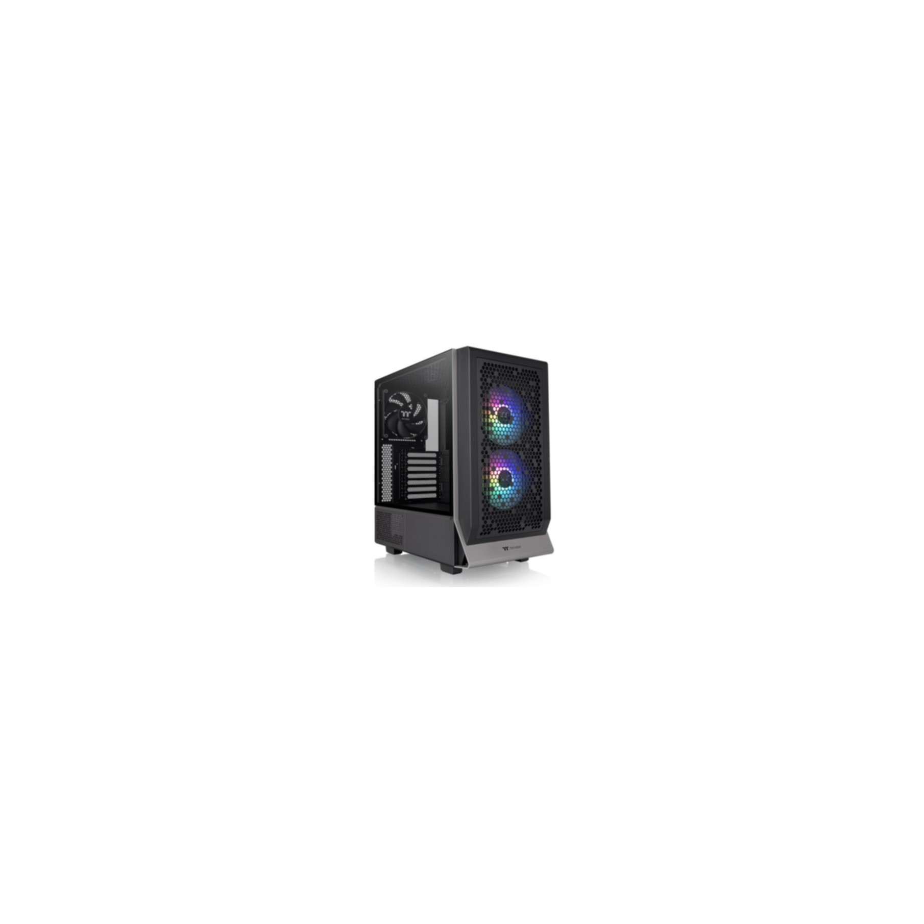 Schwarzes Computergehäuse mit zwei Lüftern und einem Mesh-Front, isoliert auf Weiß.