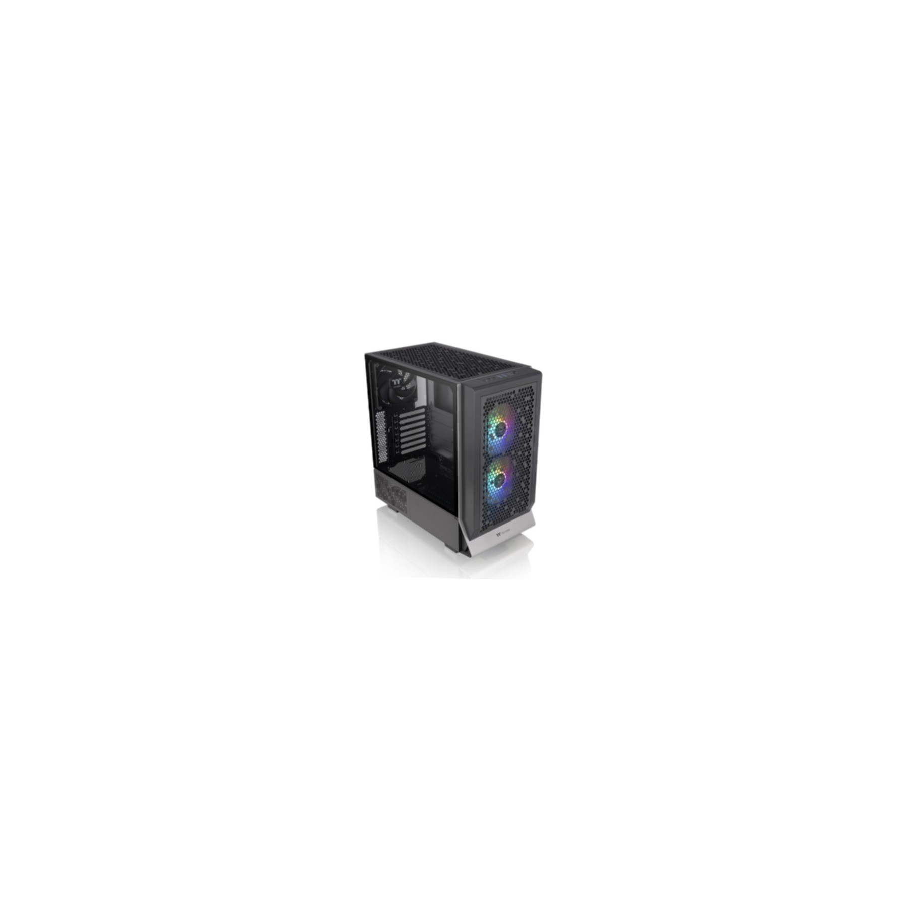 Ein schwarzes Computergehäuse mit Mesh-Front und zwei beleuchteten Lüftern, auf weißer Fläche.