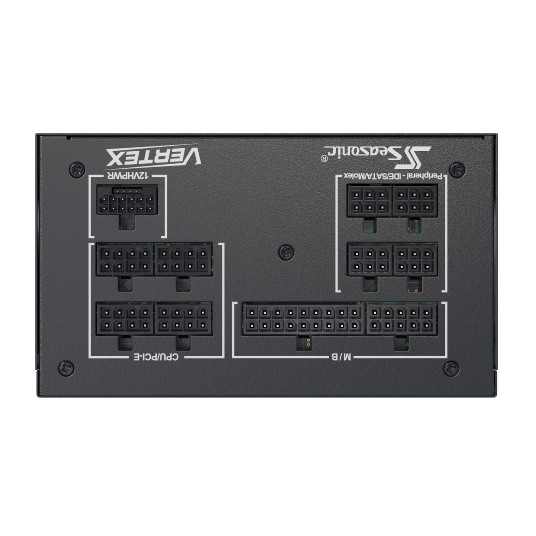 Czarny zasilacz ze złączami i etykietami, na białym tle.