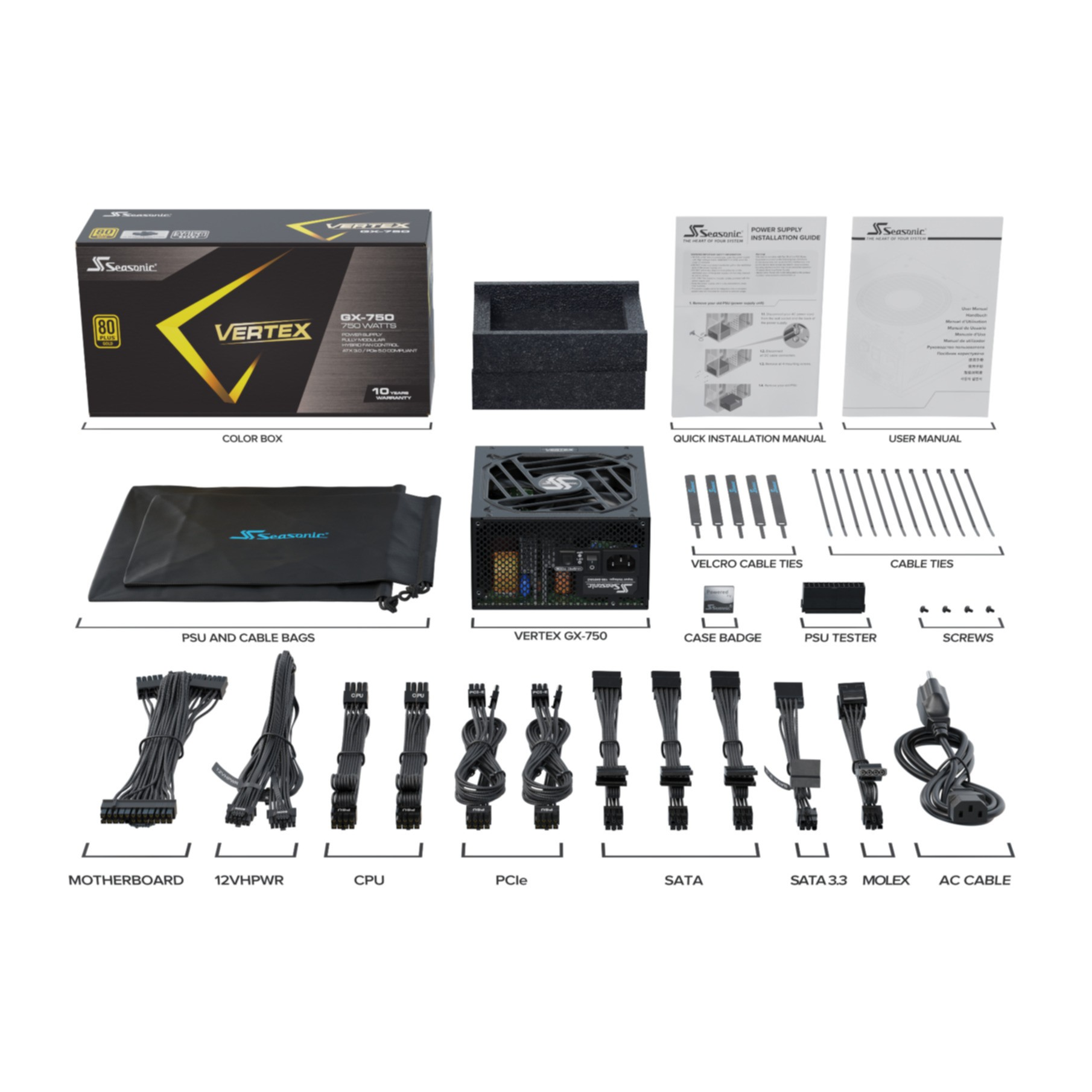 Zasilacz Seasonic Vertex GX-750 z akcesoriami jest wyświetlany na białej powierzchni.