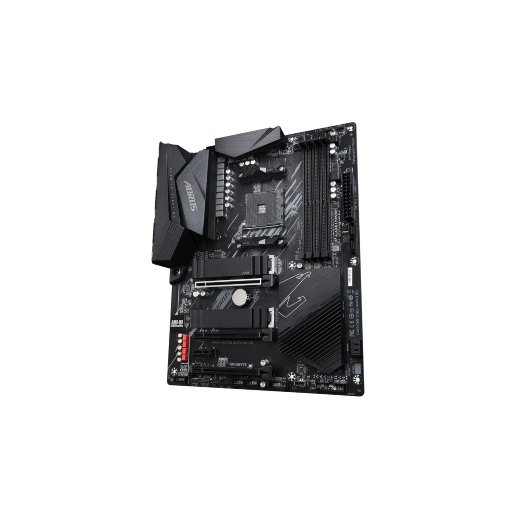 Czarna płyta główna z komponentami. Posiada radiator i różne gniazda. Widoczne logo AORUS.
