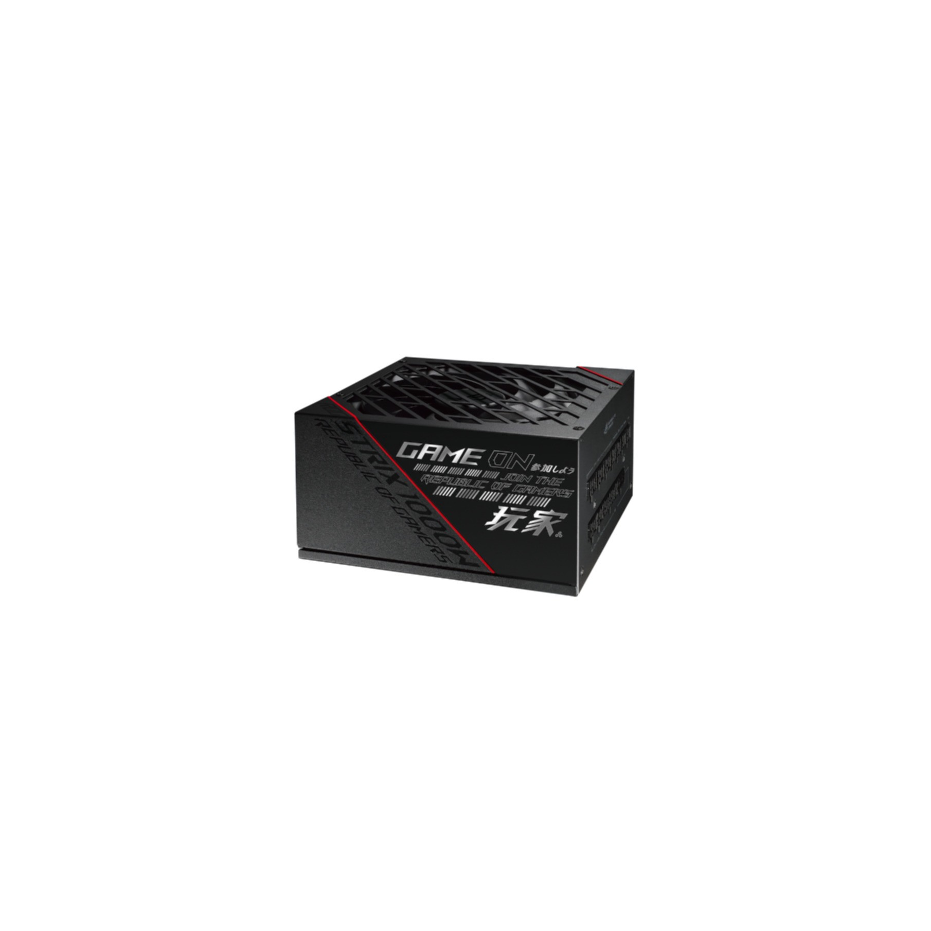 Un alimentatore nero con 'GAME ON' stampato sopra, con logo ROG. Ha una ventola e una griglia nera.