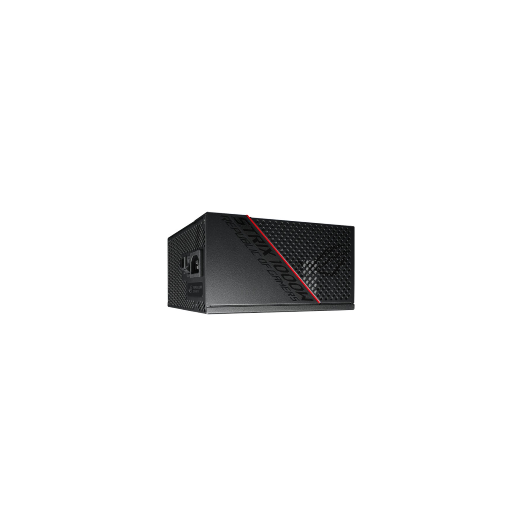 Un alimentatore nero con le parole "Strix 1000W" in testo rosso su sfondo bianco.