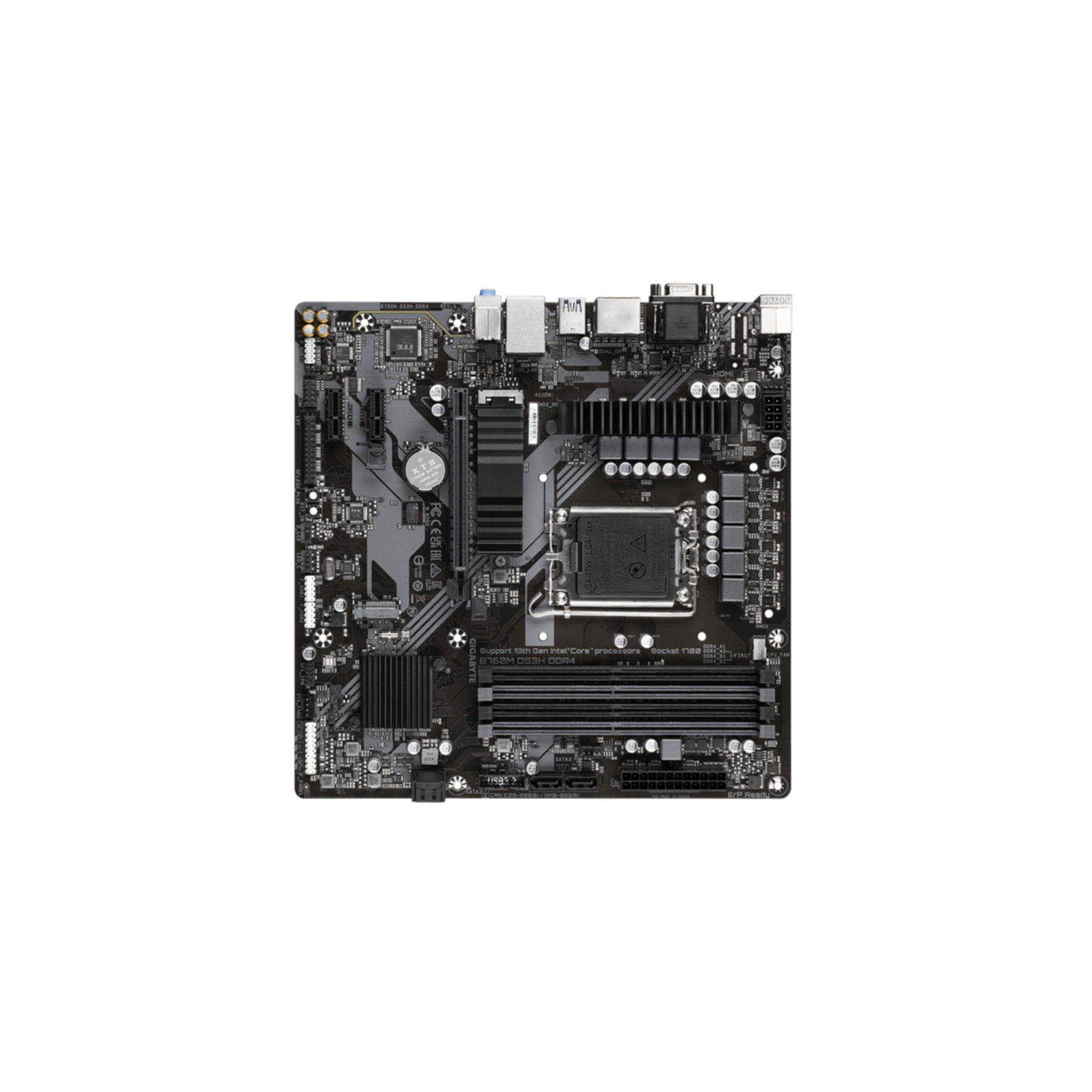 Czarna płyta główna z różnymi komponentami. Spoczywa na białej powierzchni. Widok z góry.