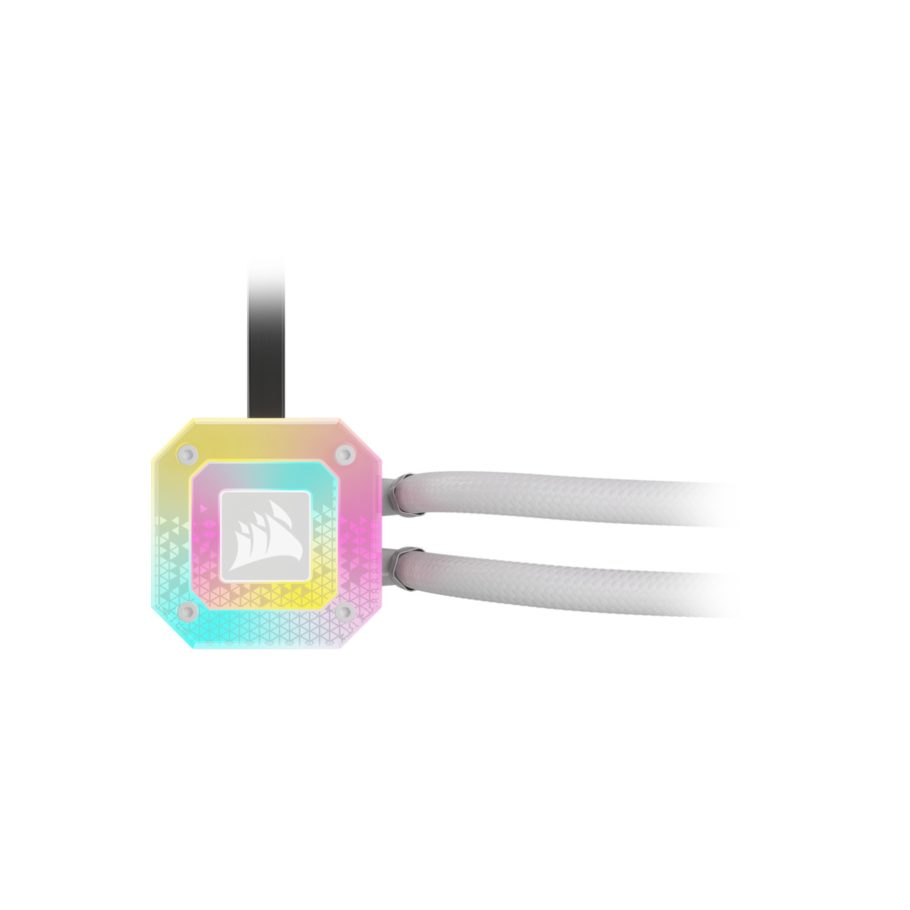 Kwadratowa chłodnica cieczy z wielokolorowymi światłami i białymi rurkami na białym tle.