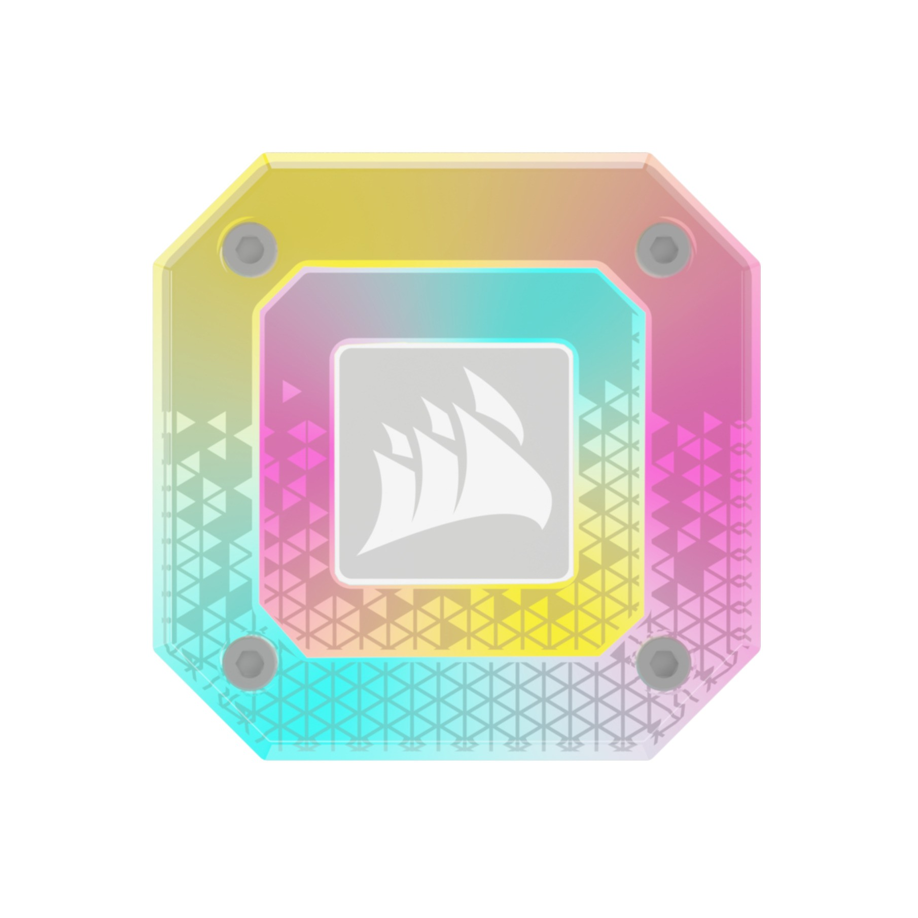 Kolorowa kwadratowa chłodnica z czterema śrubami i logo na środku.