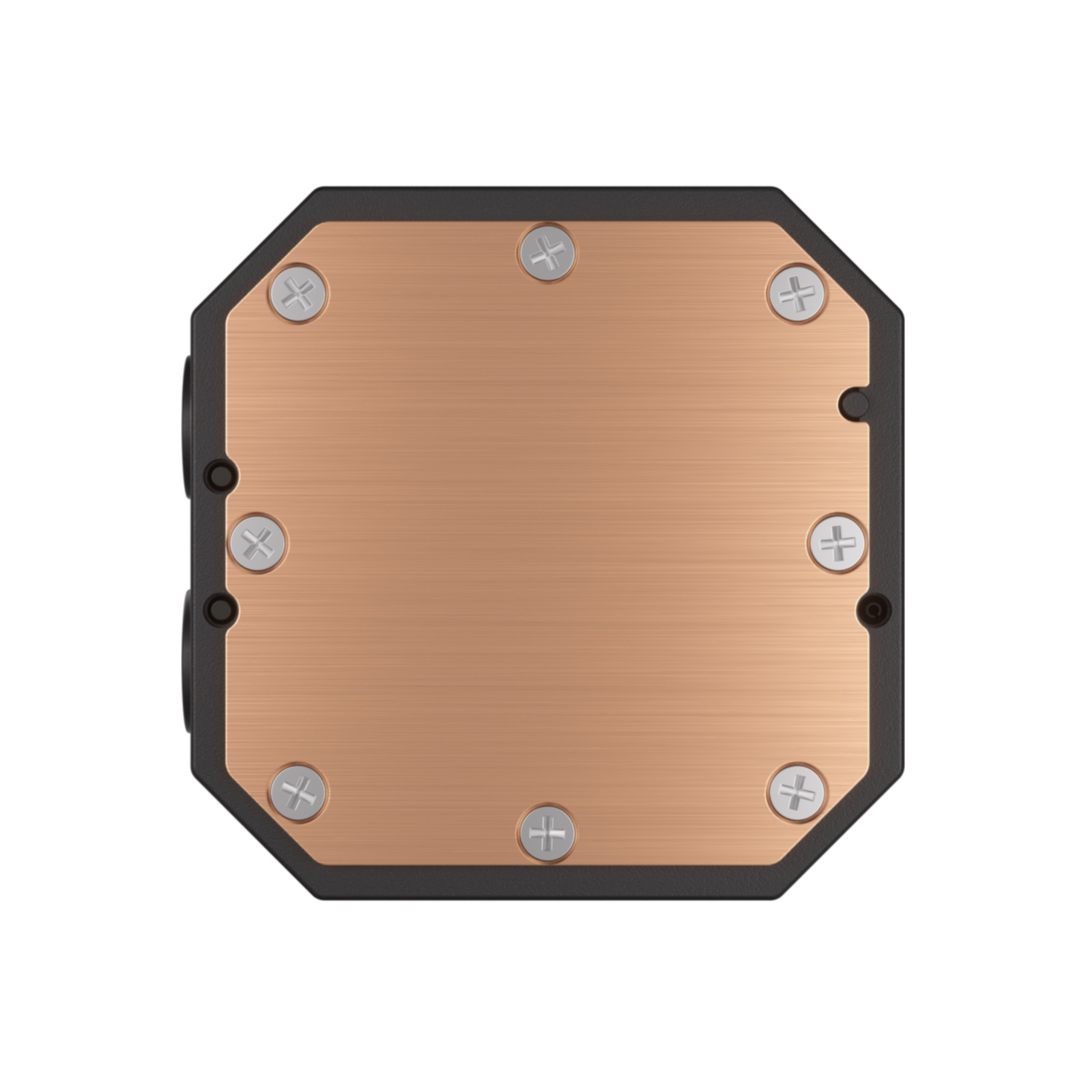 Miedziany blok wodny CPU z otworami na śruby na czarnym tle.