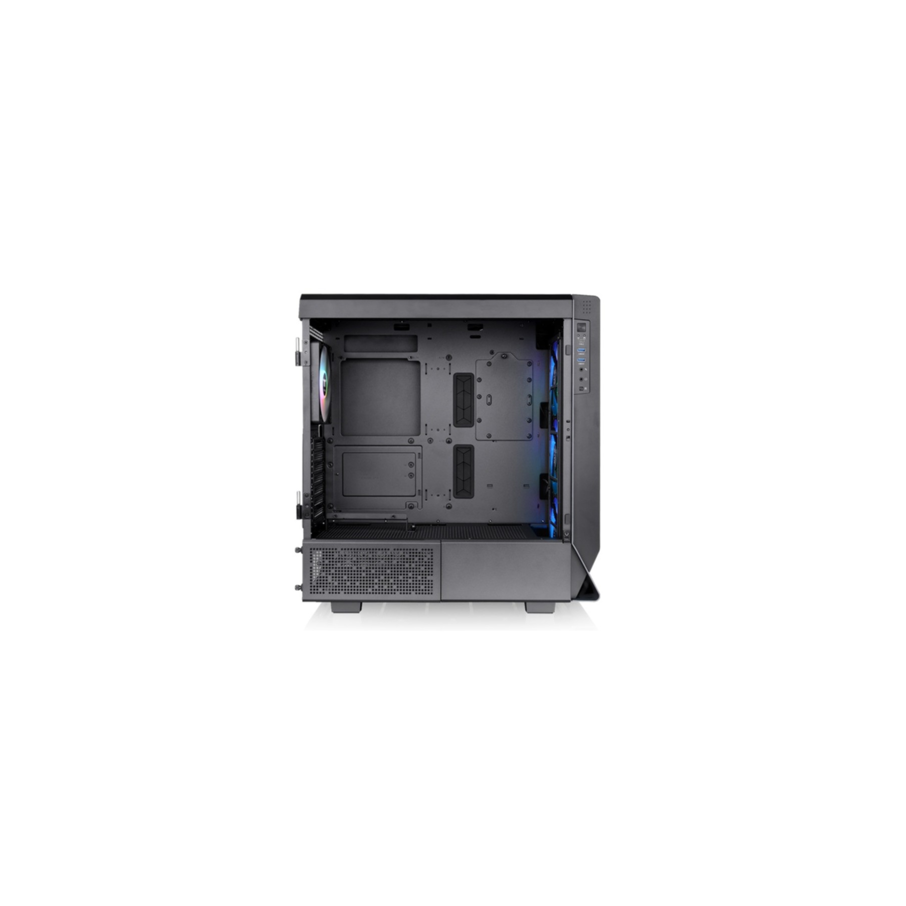 Ein leeres schwarzes Computergehäuse mit einer Glas-Seitenwand, die interne Komponenten zeigt.